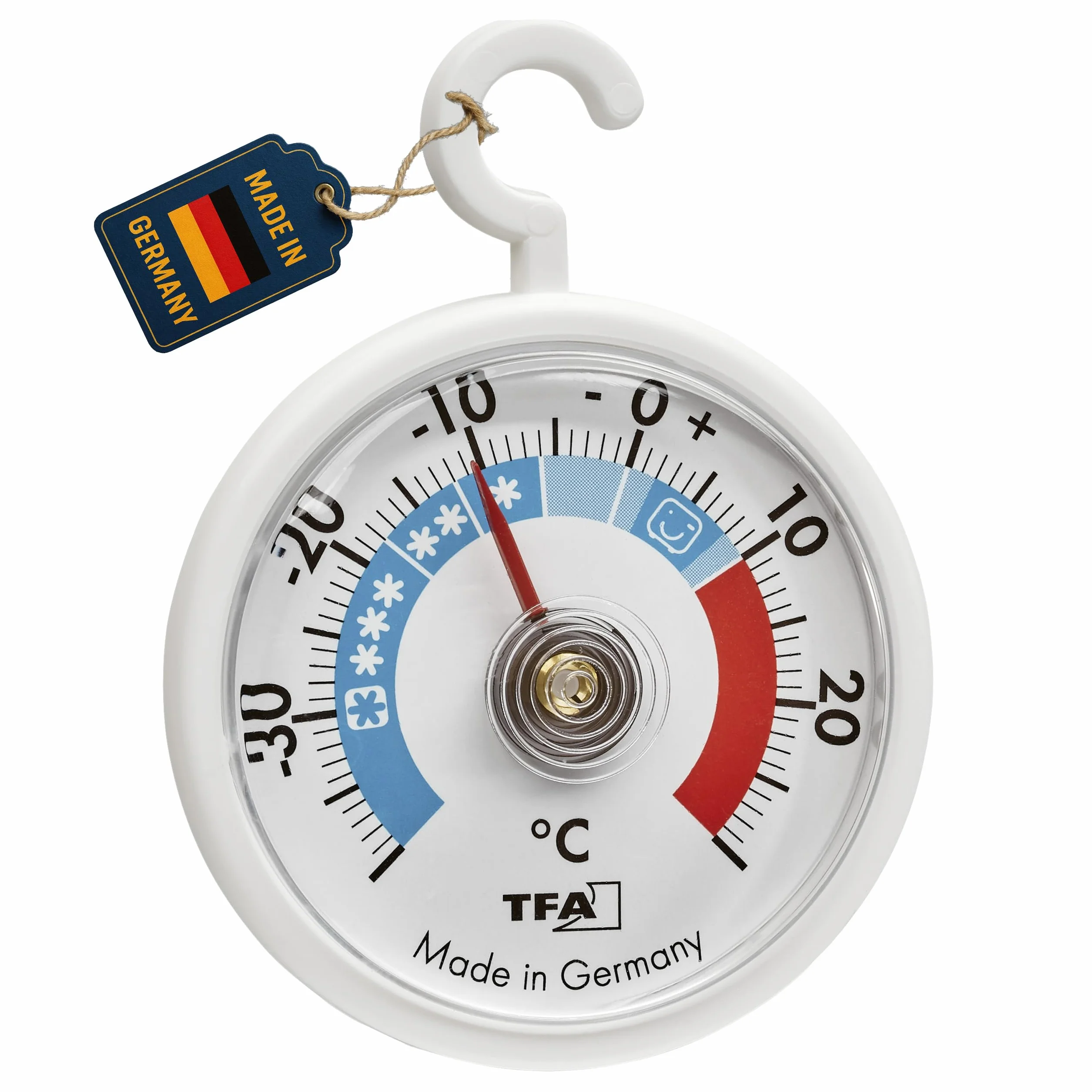 TFA Dostmann Analogowy termometr chłodzący z haczykiem, 14.4005, poręczny, ze strefami chłodzenia, do lodówki, zamrażarki i lodówki do kontroli temperatury, do -40°C, biały