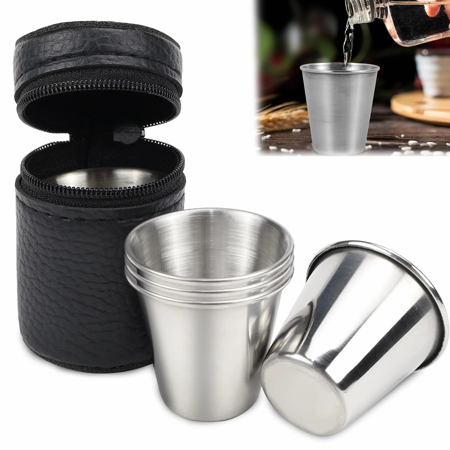 Stalowe Filiżanki do Wódki 30 ml 4 Sztuki Skórzane Etui