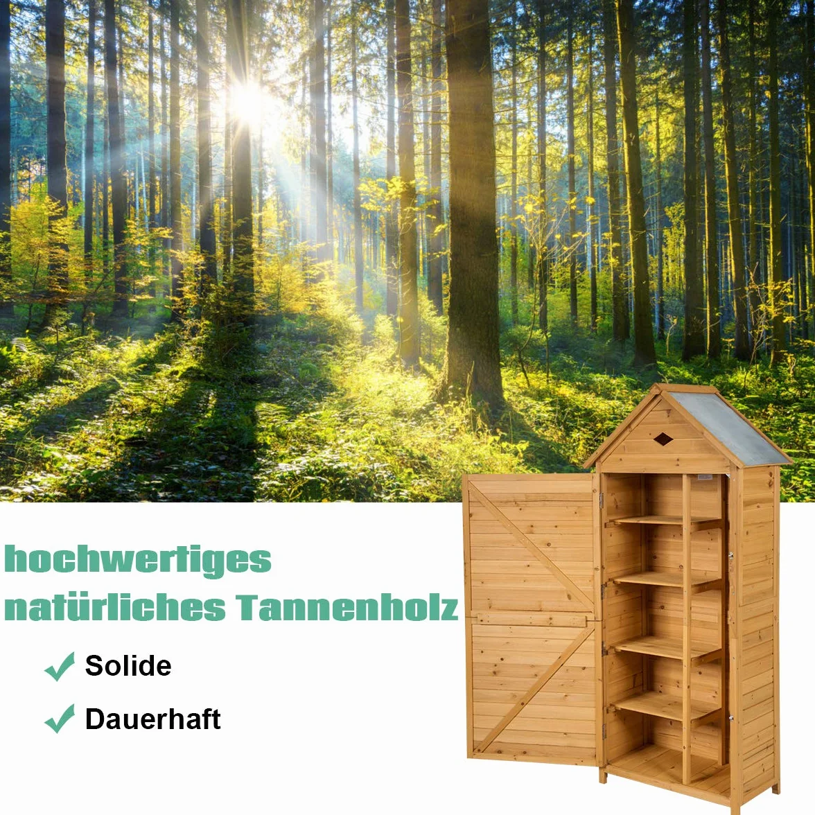 COSTWAY Szafka ogrodowa z drewna, szopa narzędziowa, odporna na warunki atmosferyczne, szafka narzędziowa z 4 półkami i dachem dwuspadowym, odpowiednia do ogrodu, balkonu, 80 x 45 x 177 cm
