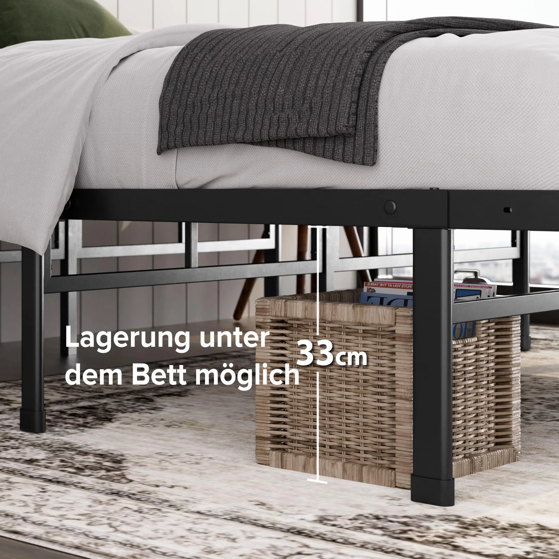 Zinus Justin łóżko 90 x 200 cm – wysokość 36 cm z miejscem do przechowywania pod łóżkiem – metalowa platforma – czarne