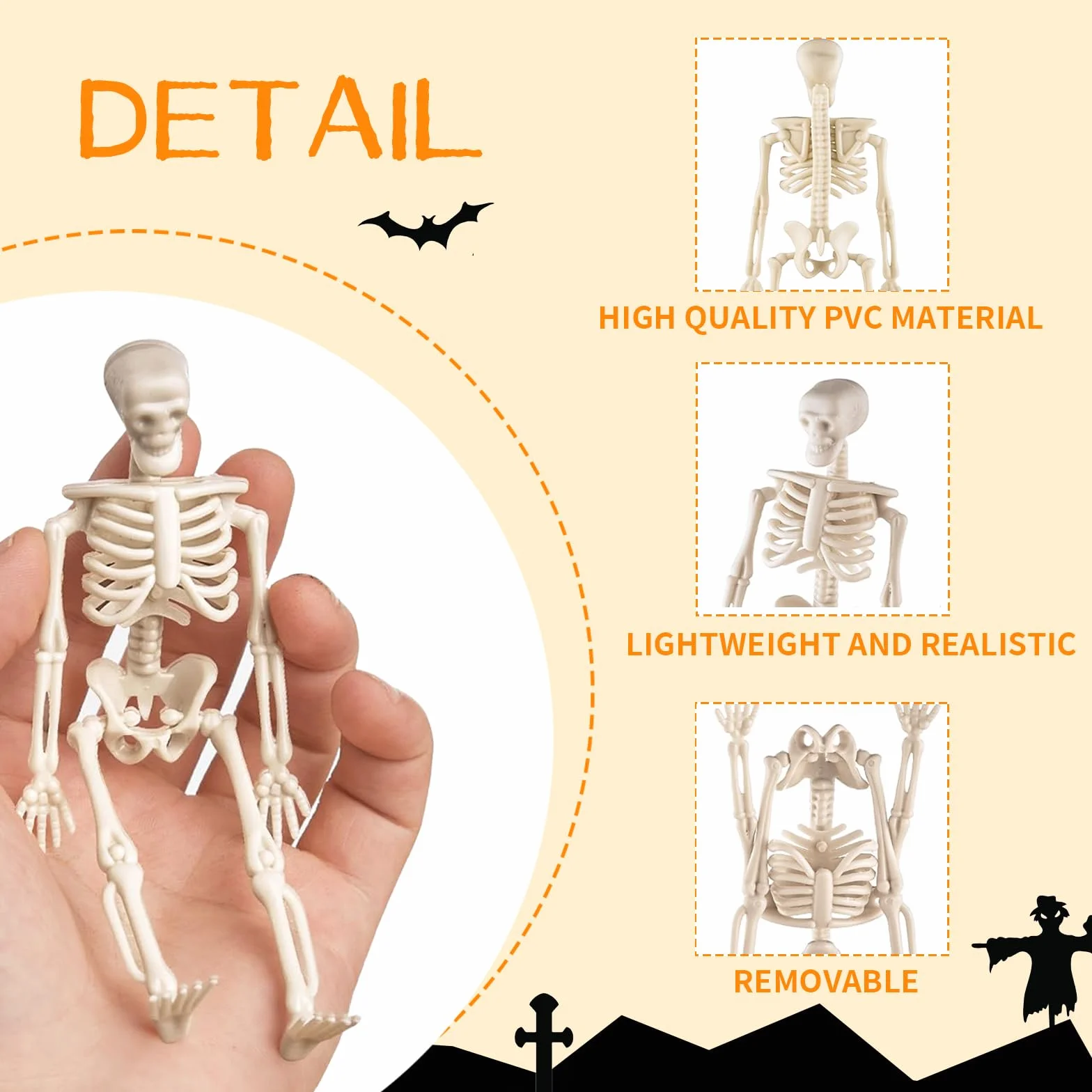 Hebterrka 8 sztuk dekoracyjnych mini szkieletowych figurek na Halloween, 15 cm, wysuwane plastikowe szkielety na straszną dekorację domu na Halloween, dekoracja domu duchów i prezenty na imprezę