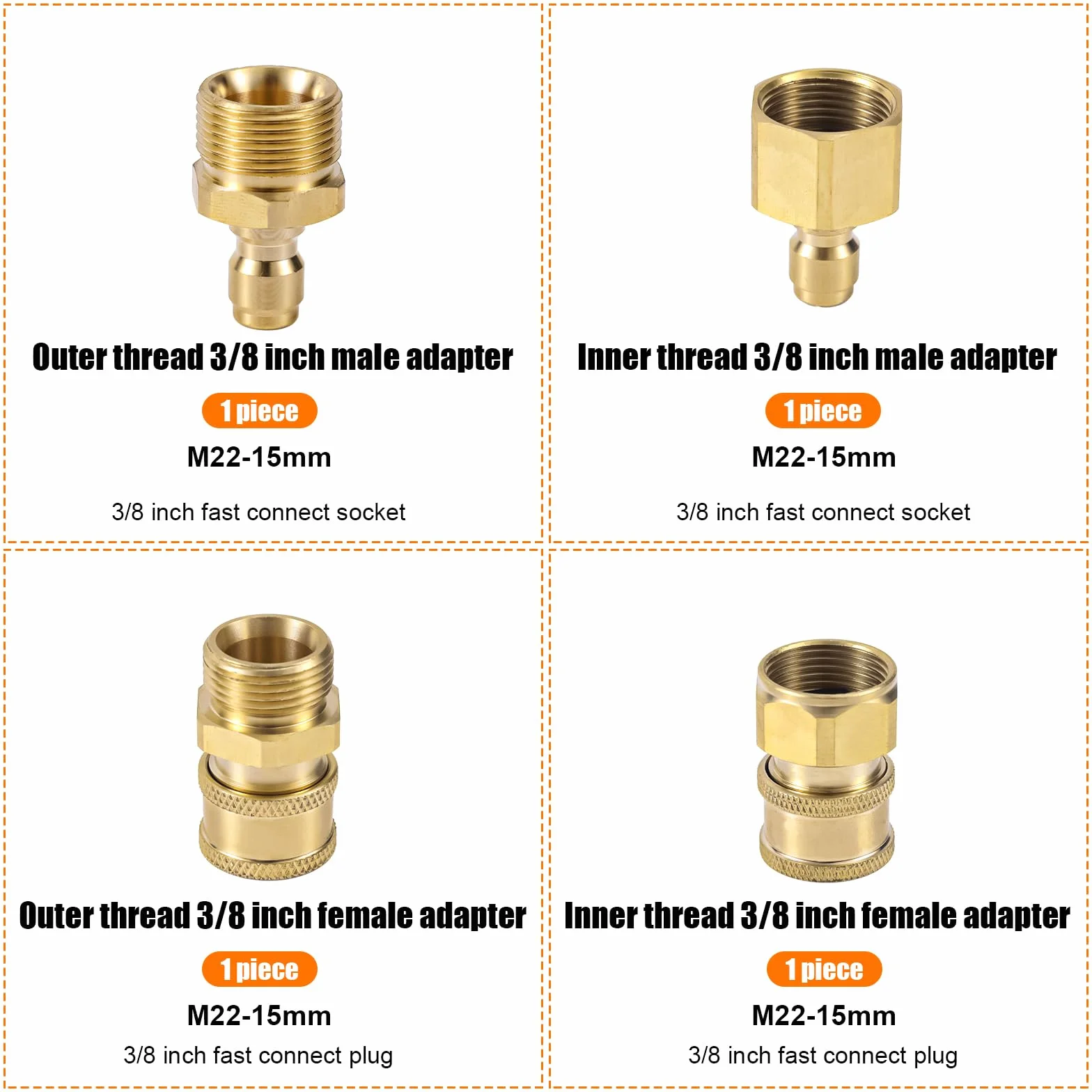 Gosknor 4szt M22-15mm do 0,95cm Adapter Myjki Ciśnieniowej, Szybkie Podłączenie i Szybkie Odłączenie Adaptera Myjki Ciśnieniowej do 0,95cm Pompy Węża Myjkis Ciśnieniowejs 5000 PSI