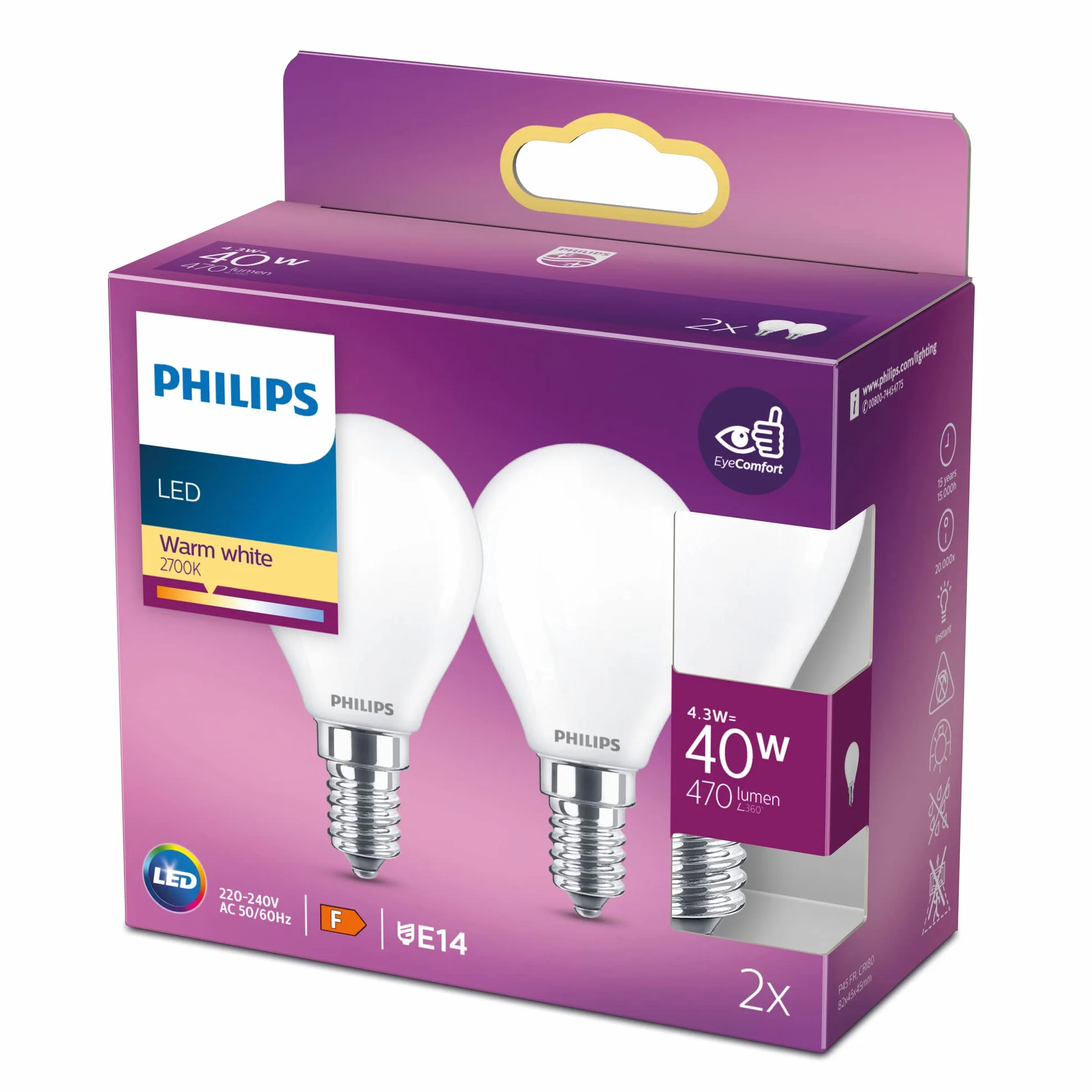 Philips LED Classic E14 żarówki 2-pak (40 W), matowe lampy LED z ciepłym białym światłem, energooszczędne oświetlenie LED o długiej żywotności