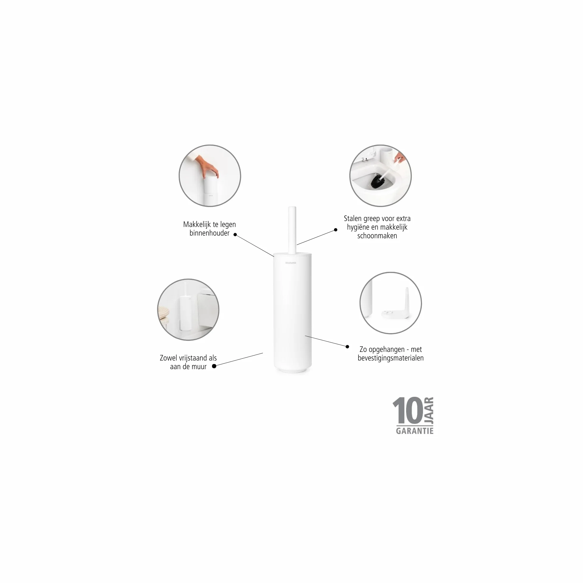 Brabantia, Mindset Szczotka Toaletowa w Obudowie, Szczotka z Włosiem, Stalowy Uchwyt Ochronny, Odporna na Korozję, Akcesoria Łazienkowe, Fresh White 42, 11, 9,6 cm