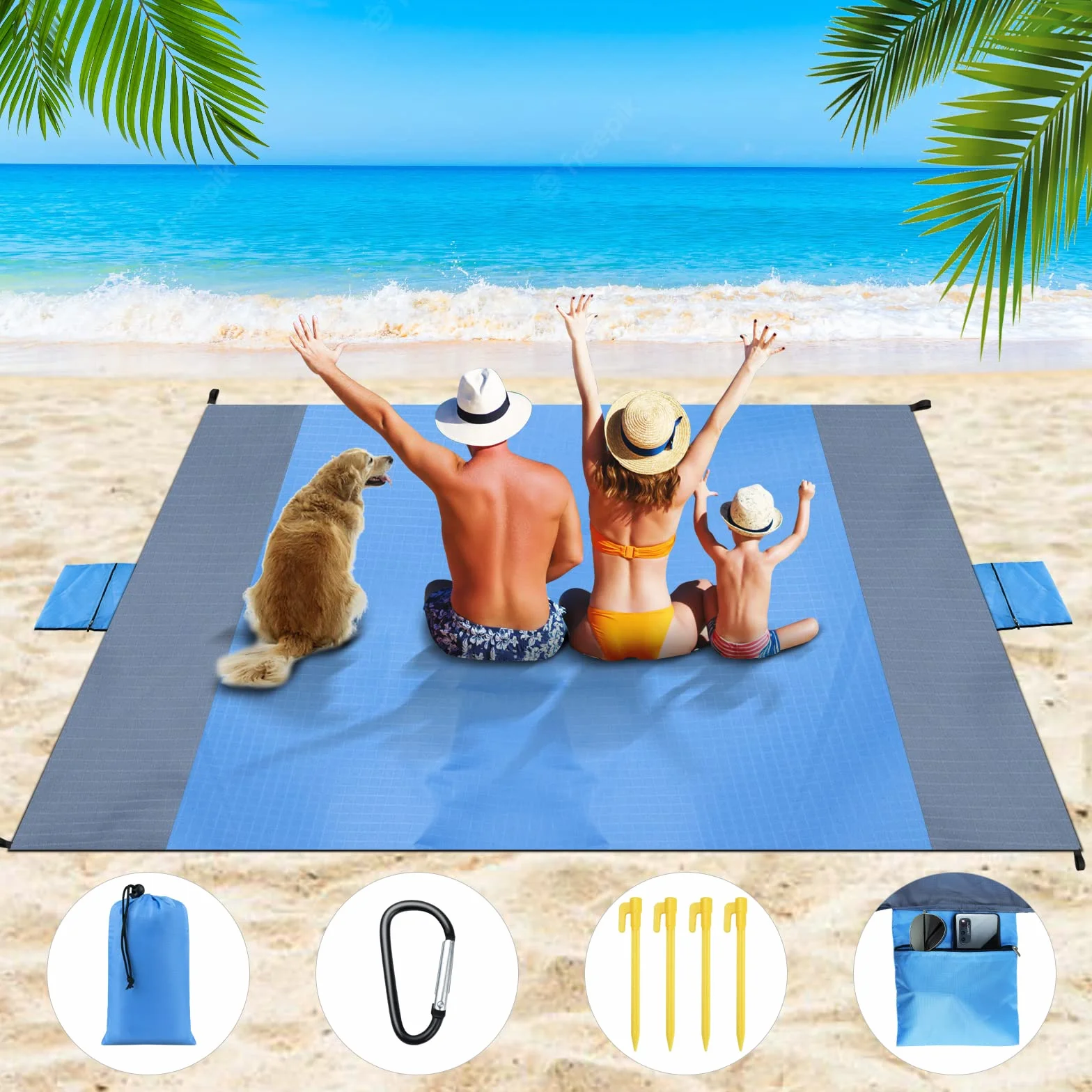 Dijia Koc plażowy bez piasku – 210 x 200 cm, mata plażowa, koc piknikowy, koc kempingowy z 2 kieszeniami na zamek błyskawiczny, przenośny, kompaktowy, na plażę, kemping, wędrówki, z torbą do