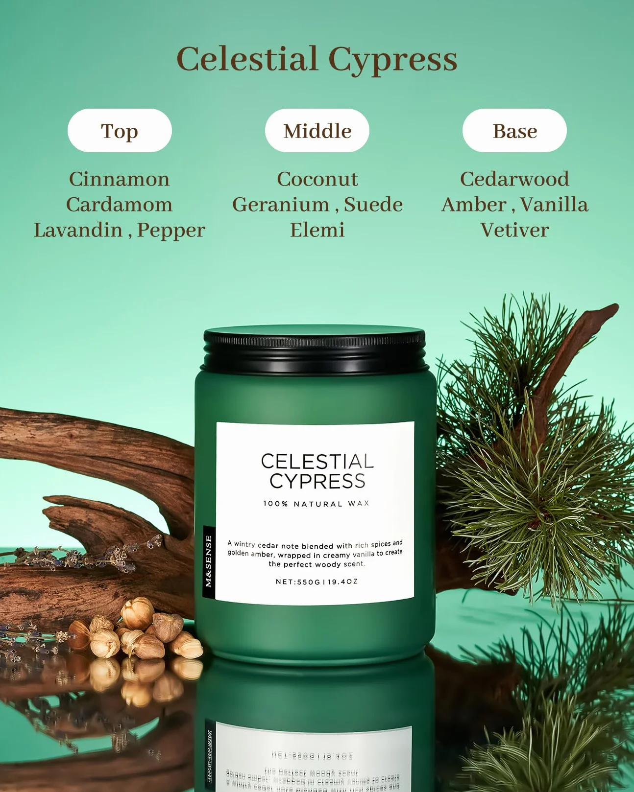 M&SENSE CelestialCypress - Świeca Sojowa Cedr-Kardamon w Szkle (550g, 110h) | 2 Knoty, Intensywny Zapach | Naturalna, Długotrwała | Idealny Prezent i Dekoracja
