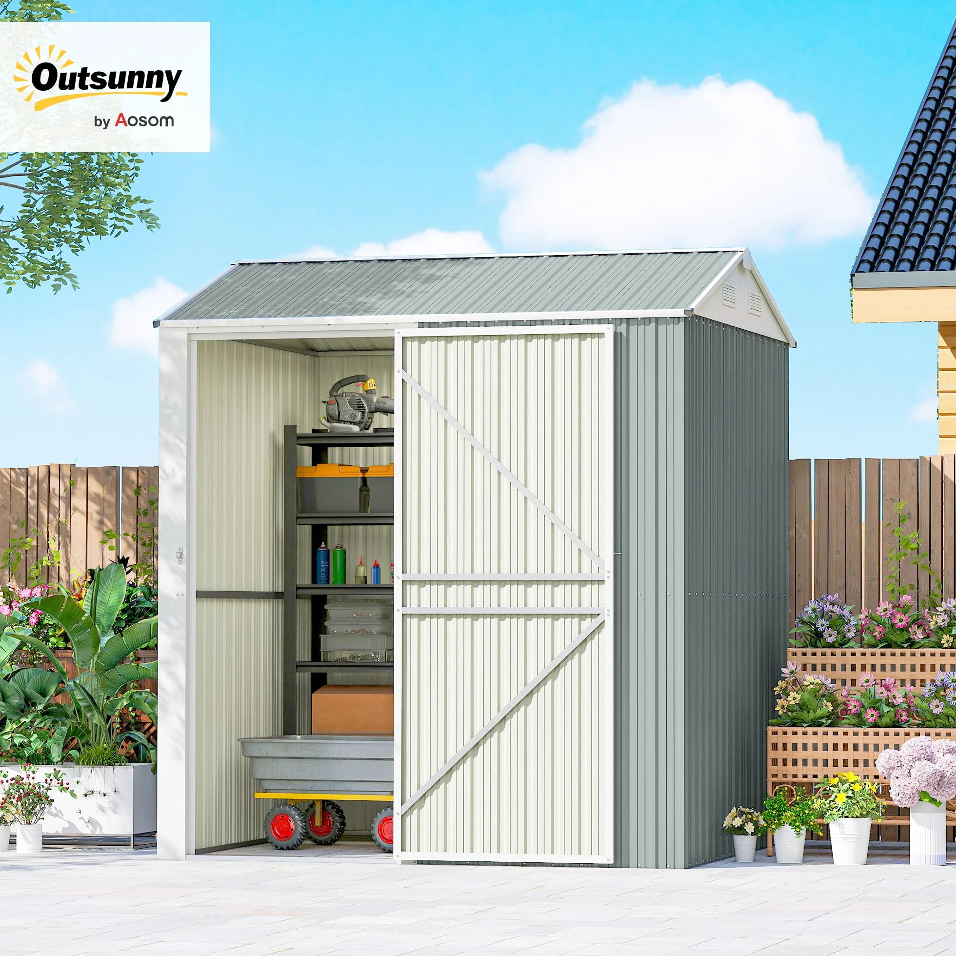 Outsunny Metalowy Domek Ogrodowy 3,5 m², Wysoki Zamykany Schowek z Pochyłym Dachem, Wentylacją i Rękawicami, 209 x 177 x 236 cm, Jasnoszary