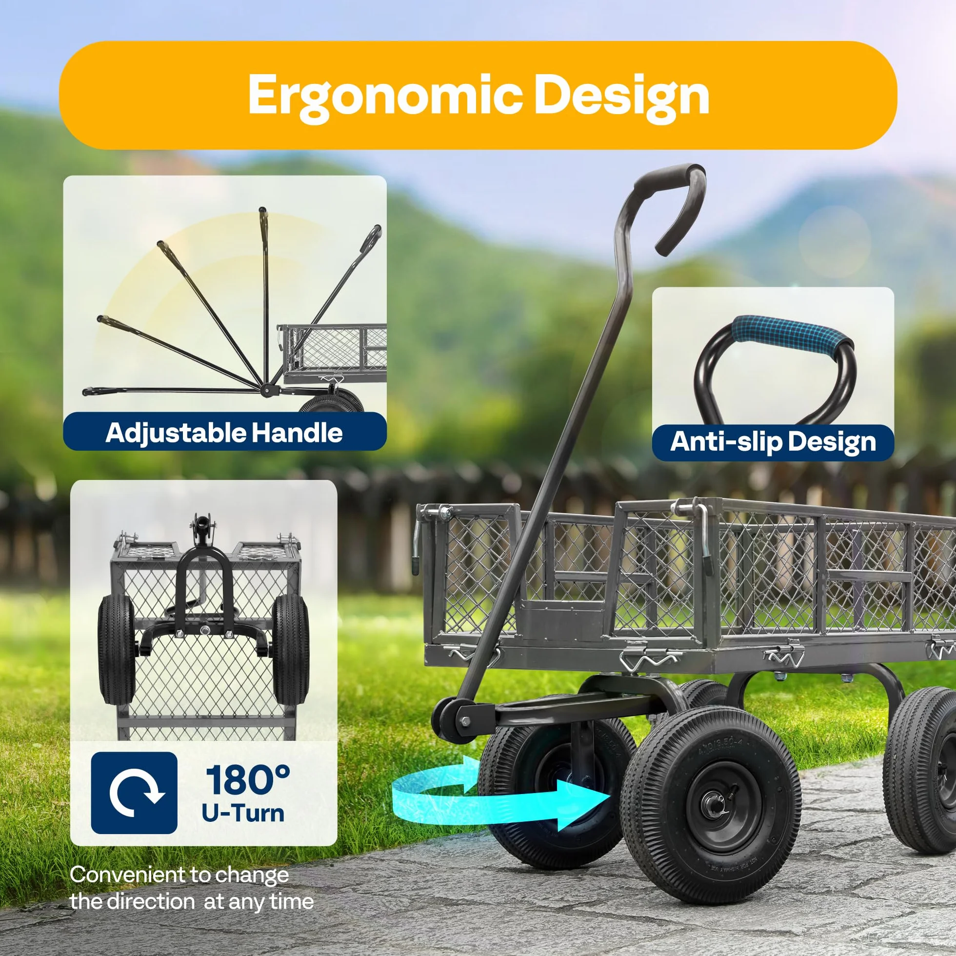 VIVOHOME Wózek Ogrodowy Max.400 kg z Pneumatycznymi Kołami Wózek Transportowy z Metalowymi Kratkami Wózek Transportowy z Obracaną o 180° Rączką do Trawnika Patio Plaży