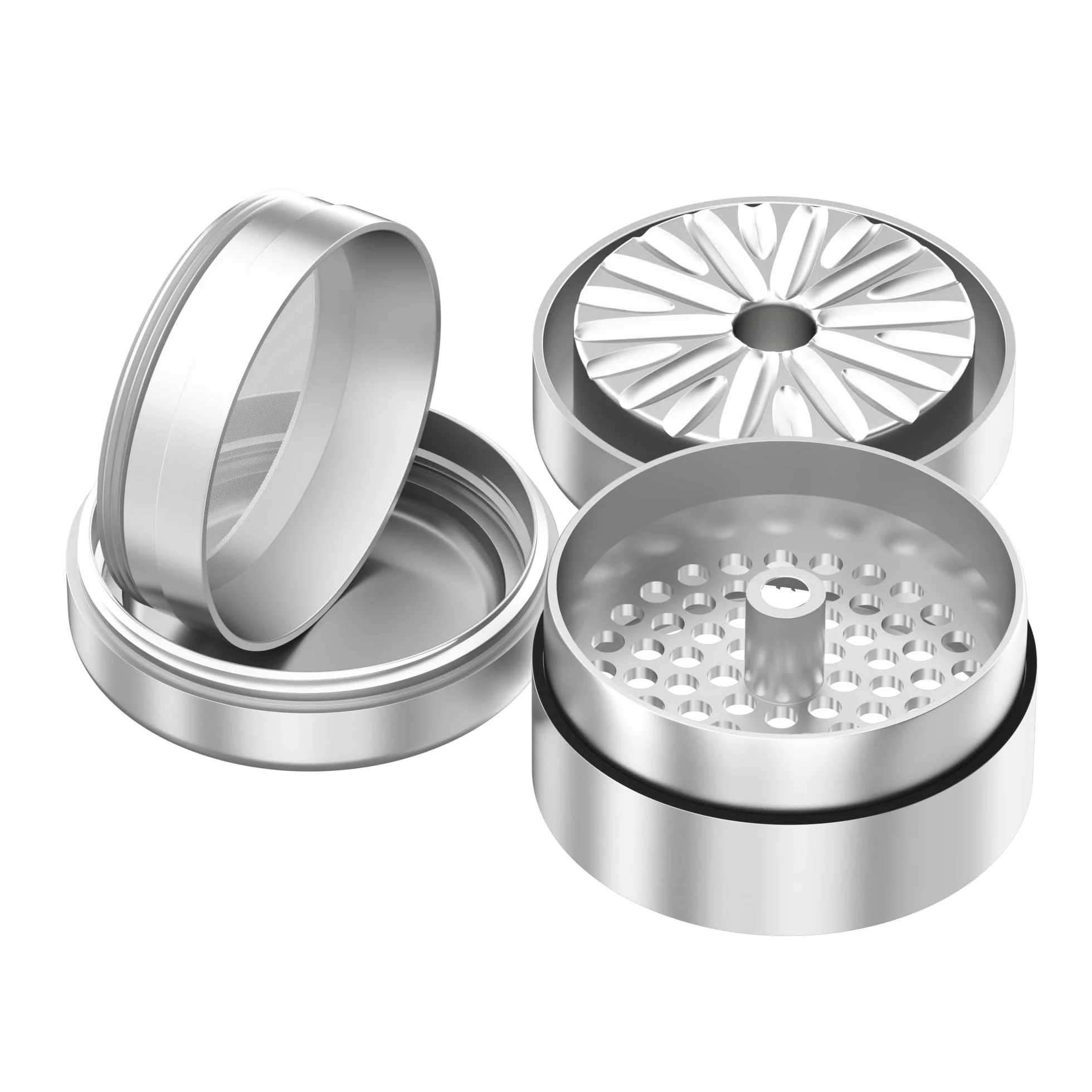 Szlifierka najwyższej jakości bezzębna z Hollywood | Szczerbatek | aluminium w jakości lotniczej | 4-częściowy | Mill (Mill) z kwiatami (kwiat) | w zestawie drobne sito, przegródka na pyłki (srebrny)