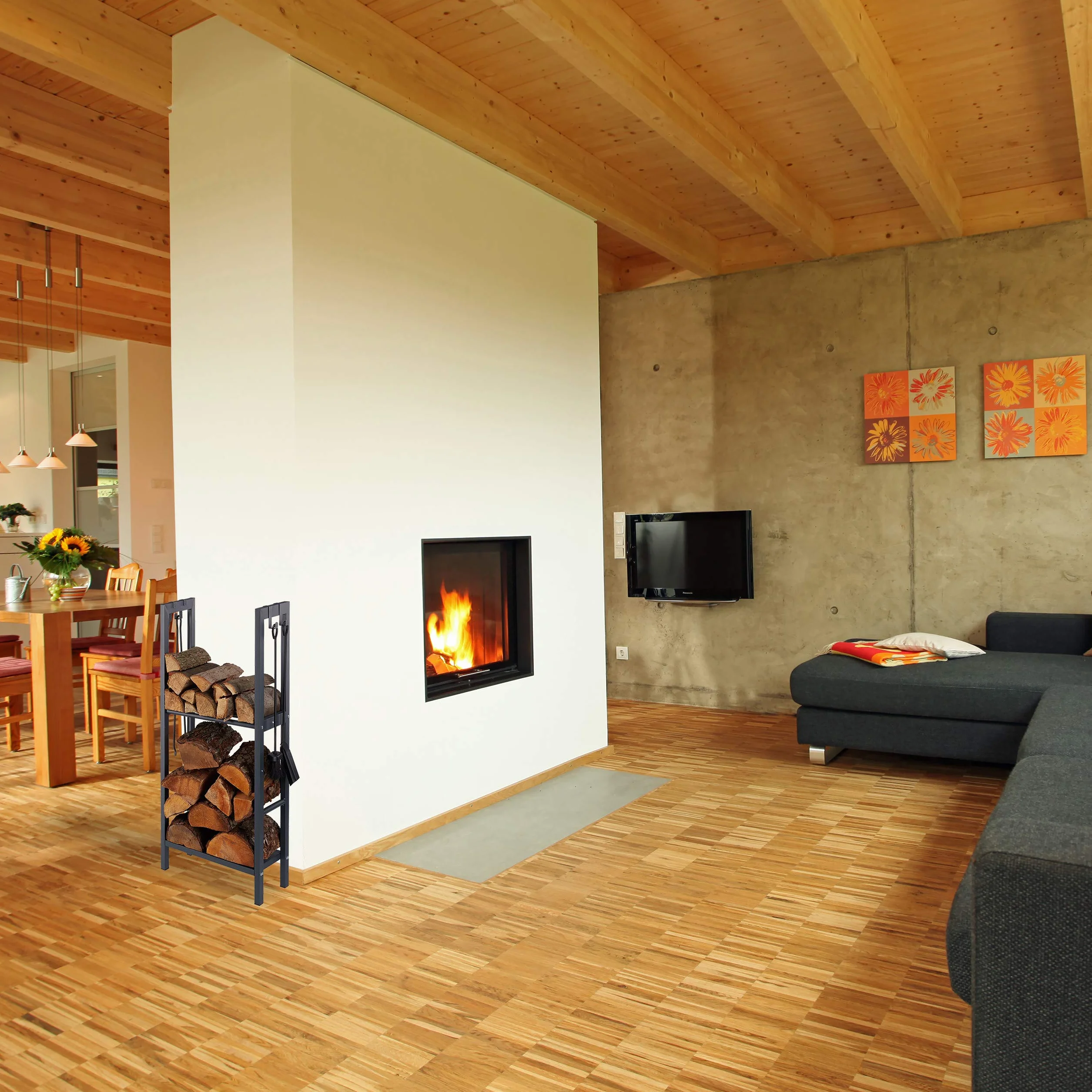 Relaxdays, antracytowy regał na drewno kominkowe z 2 półkami, ze stali, 4 haczyki na sztućce kominkowe, regał na drewno opałowe, wys. x szer. x gł.: 100 x 40 x 30 cm, 100 x 40 x 30 cm