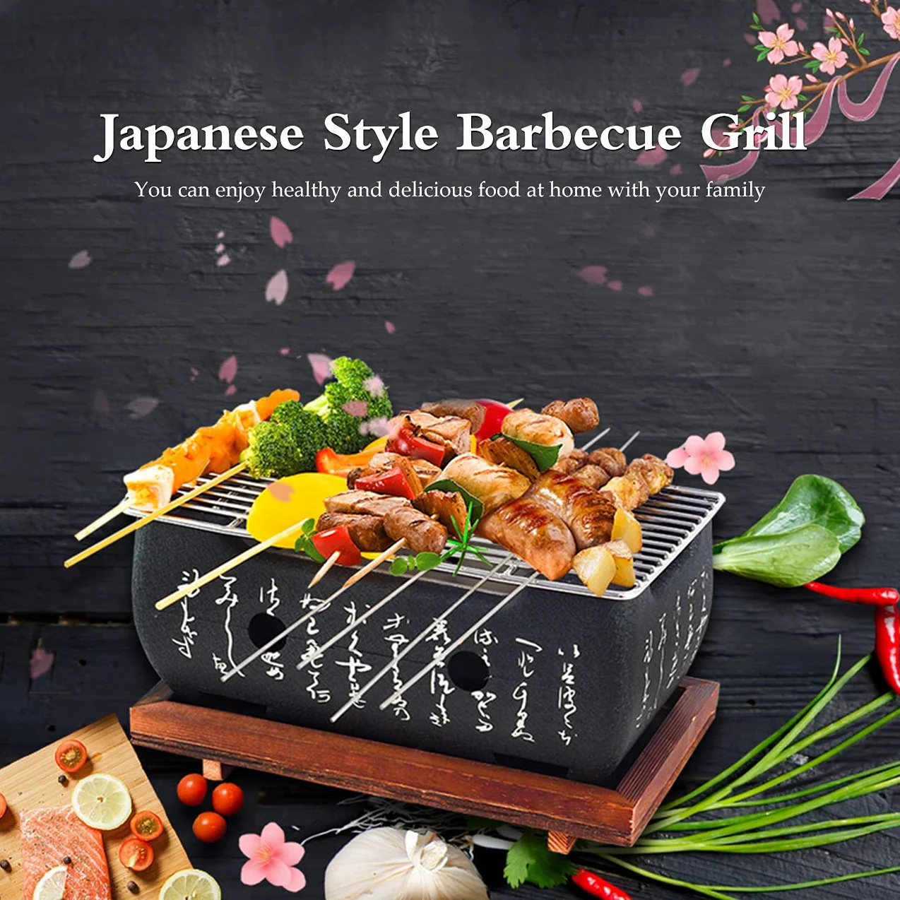 Japoński piec do grillowania, grill BBQ, 24 x 12,5 x 11,5 cm, mini grill stołowy z blachą do pieczenia, kratką drucianą i podstawą drewnianą, przenośny grill na piec, japoński piec na węgiel drzewny