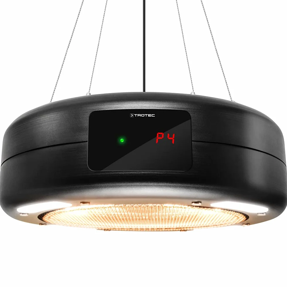 TROTEC Promiennik podczerwieni IR 1550 SC – moc grzewcza 600 W / 900 W / 1500 W – promiennik sufitowy do patio, inkl. Fernbedienung, oświetlenie LED