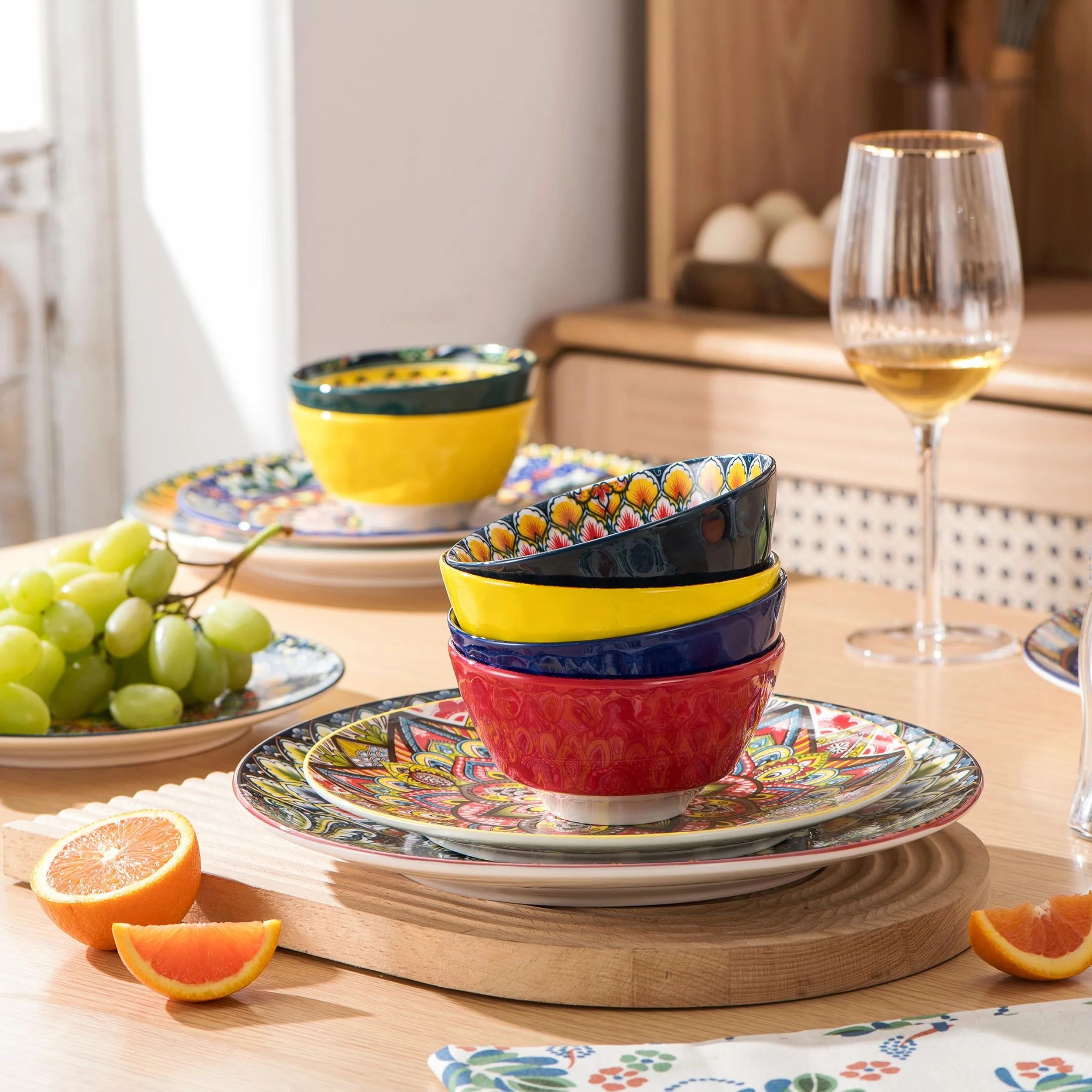 Henten Home Miski do zupy, zestaw 6 porcelanowych misek, 350 ml, do serwowania potraw na deser, zupę, płatki kukurydziane, lody, serwis stołowy w stylu boho, wielokolorowe