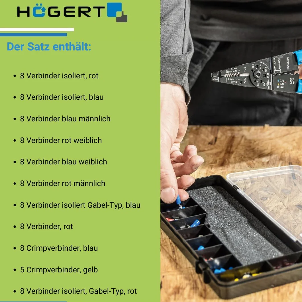 Högert Technik - Szczypce zaciskowe 0,5 – 6 mm2 do końcówek kablowych z izolacją + łącznikiem, 86 sztuk, ze stali węglowej