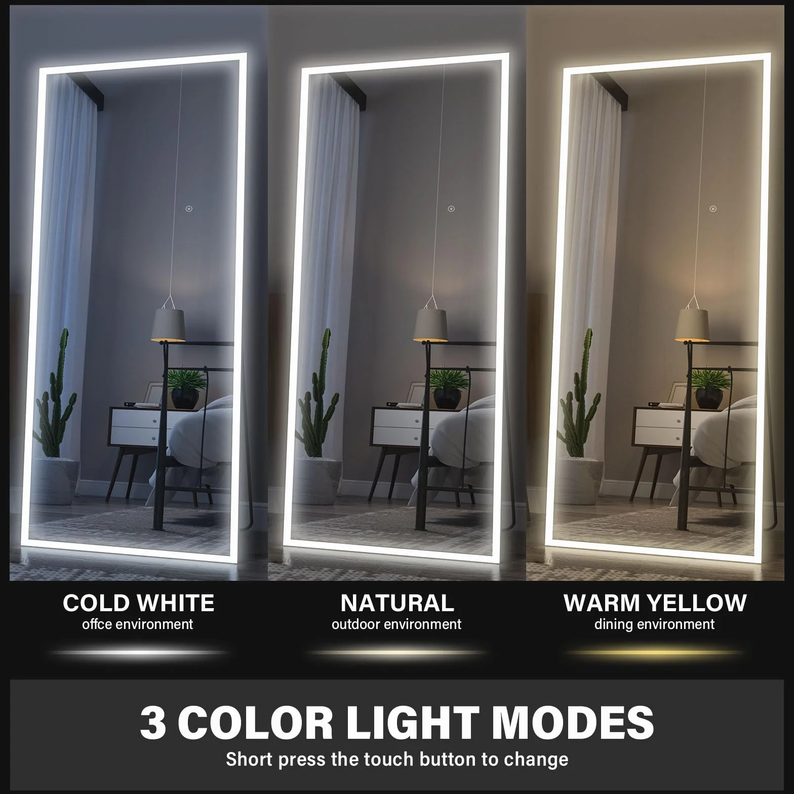 Lustro o pełnej długości z oświetleniem LED, 165 x 60 cm, wolnostojące, montowane na ścianie, przyciemniane kolory i regulacja jasności, do sypialni, LED, białe, ze stojakiem