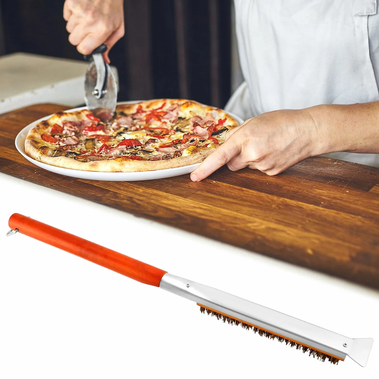 QWORK® Szczotka do pieca do pizzy z włosiem z włókna palmowego, szczotka do czyszczenia piekarnika, do piekarników zewnętrznych i kamieni do pizzy