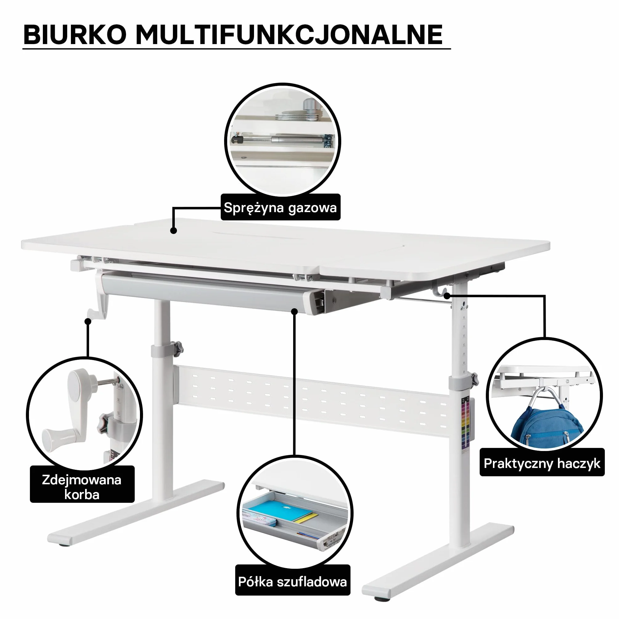 Biurko dla dzieci 100x60cm z regulowaną wysokością i kątem nachylenia z korbą ręczną