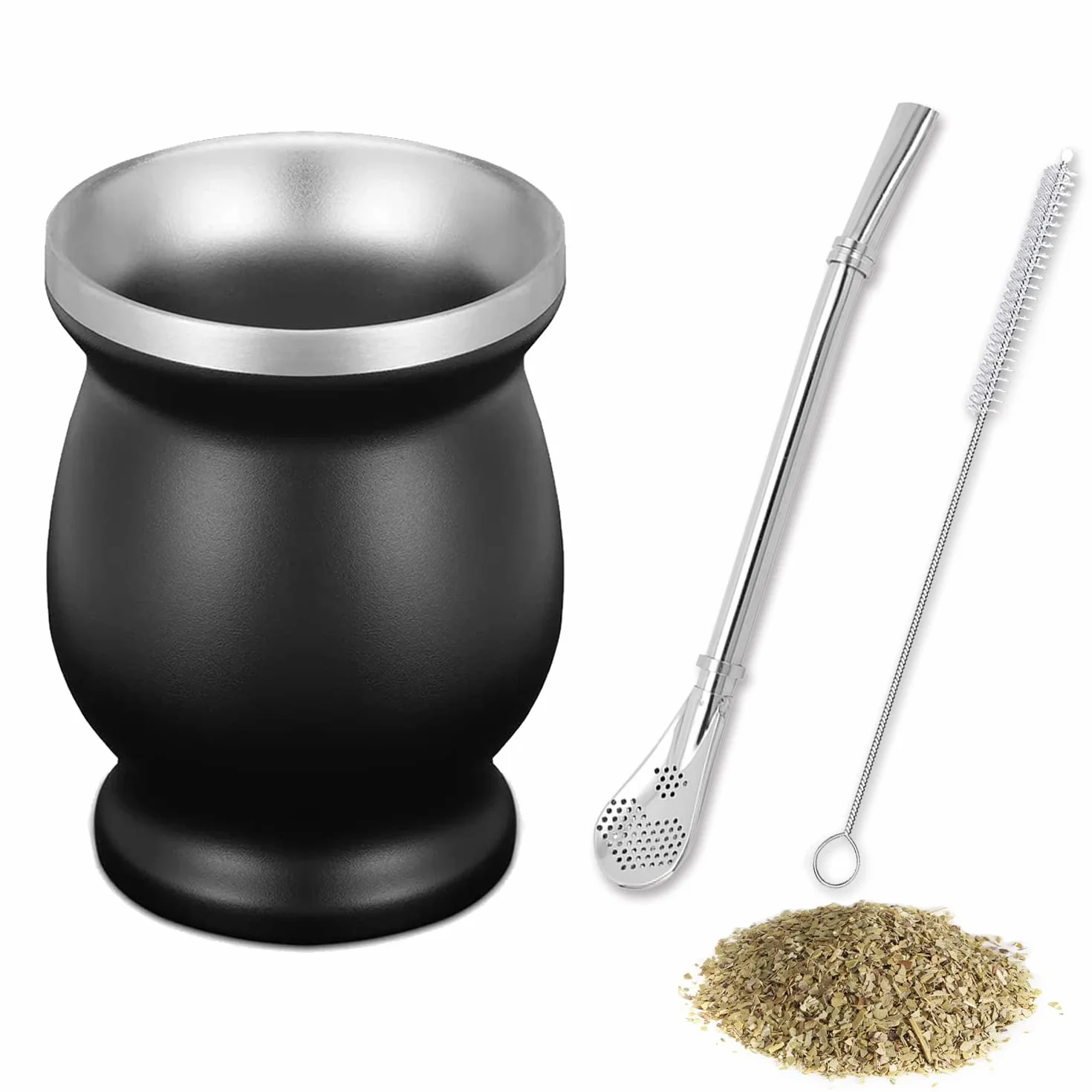 Mate zestaw do herbaty, z łyżeczką do słomki i szczotką do czyszczenia, 230 ml Mate Gourd, zestaw do herbaty mate, kawy, mleka i soku (czarny)
