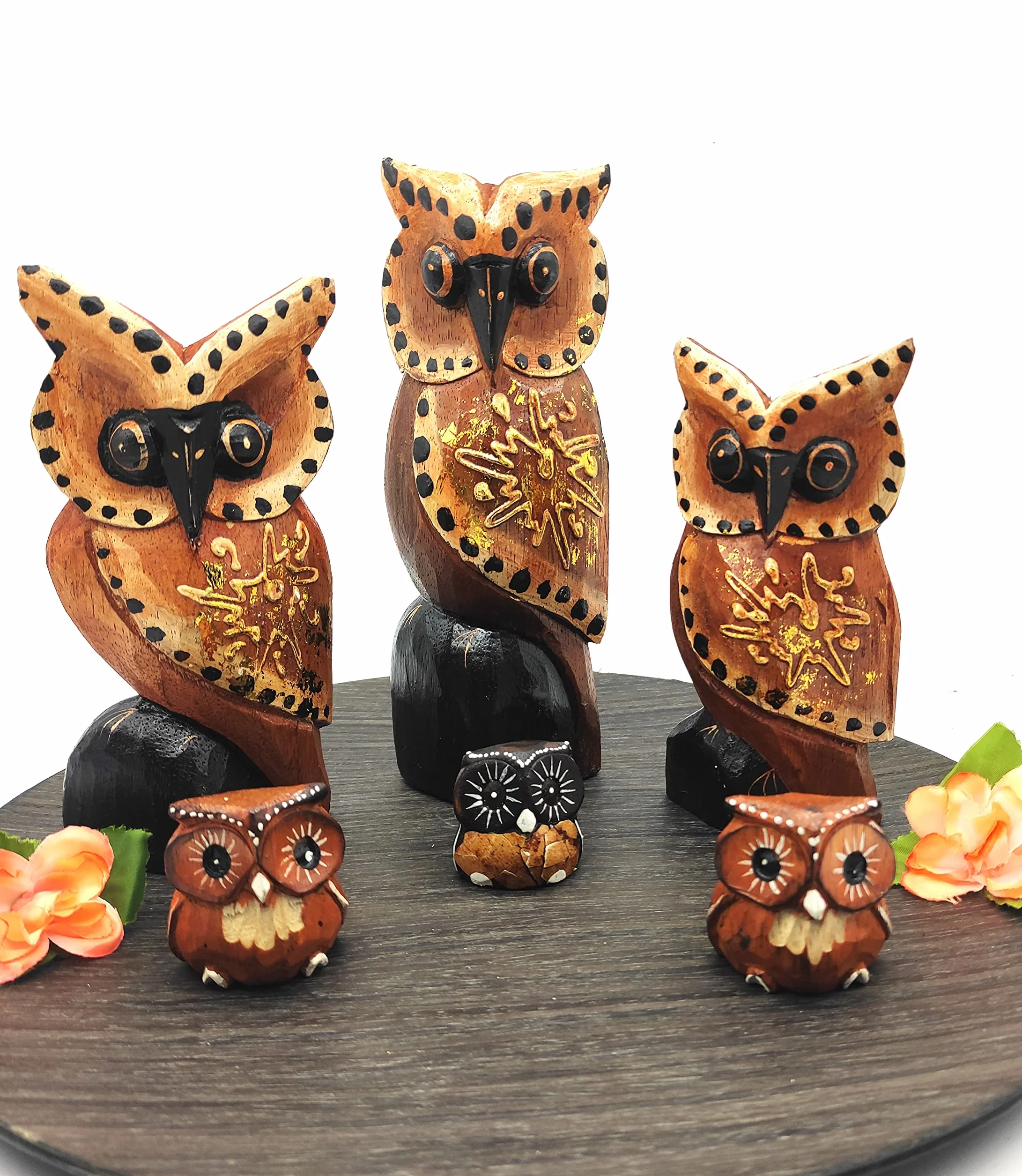 Zestaw 3 figurek zwierzęcych z drewna, sowa, kot, żółw, ryba - dekoracja, ręcznie rzeźbione, rzemiosło artystyczne, ornament do mebli (3 sowy, brązowe skrzydła, z gwiazdą, DR)