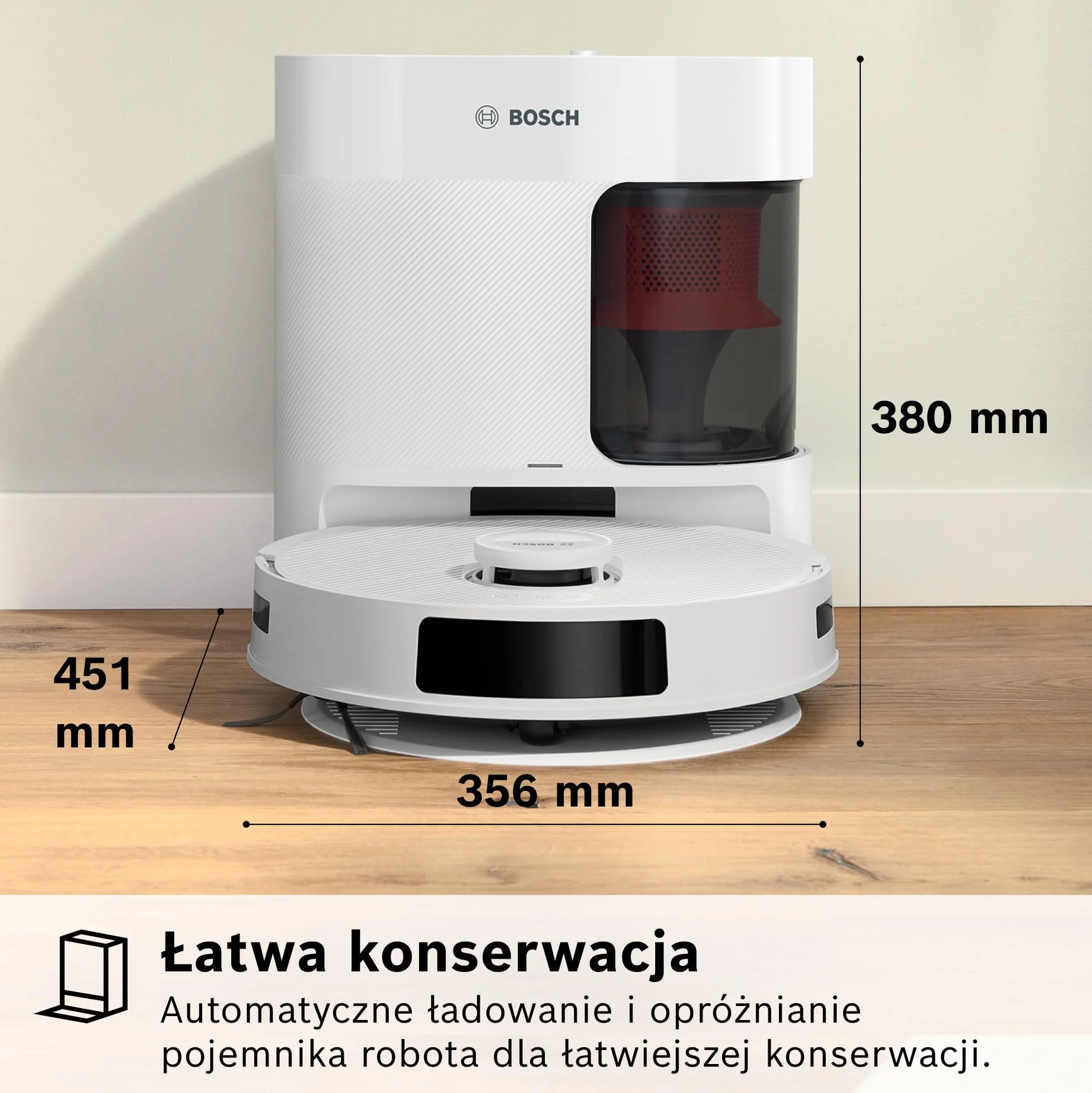 Bosch Spotless+ Robot sprzątający z funkcją mopowania, moc ssania 11 000 Pa, statyczna nakładka mopującą, stacja czyszczącą, nawigacją Smart Vision, aplikacja Bosch Home Connect, BCRD1W, biały
