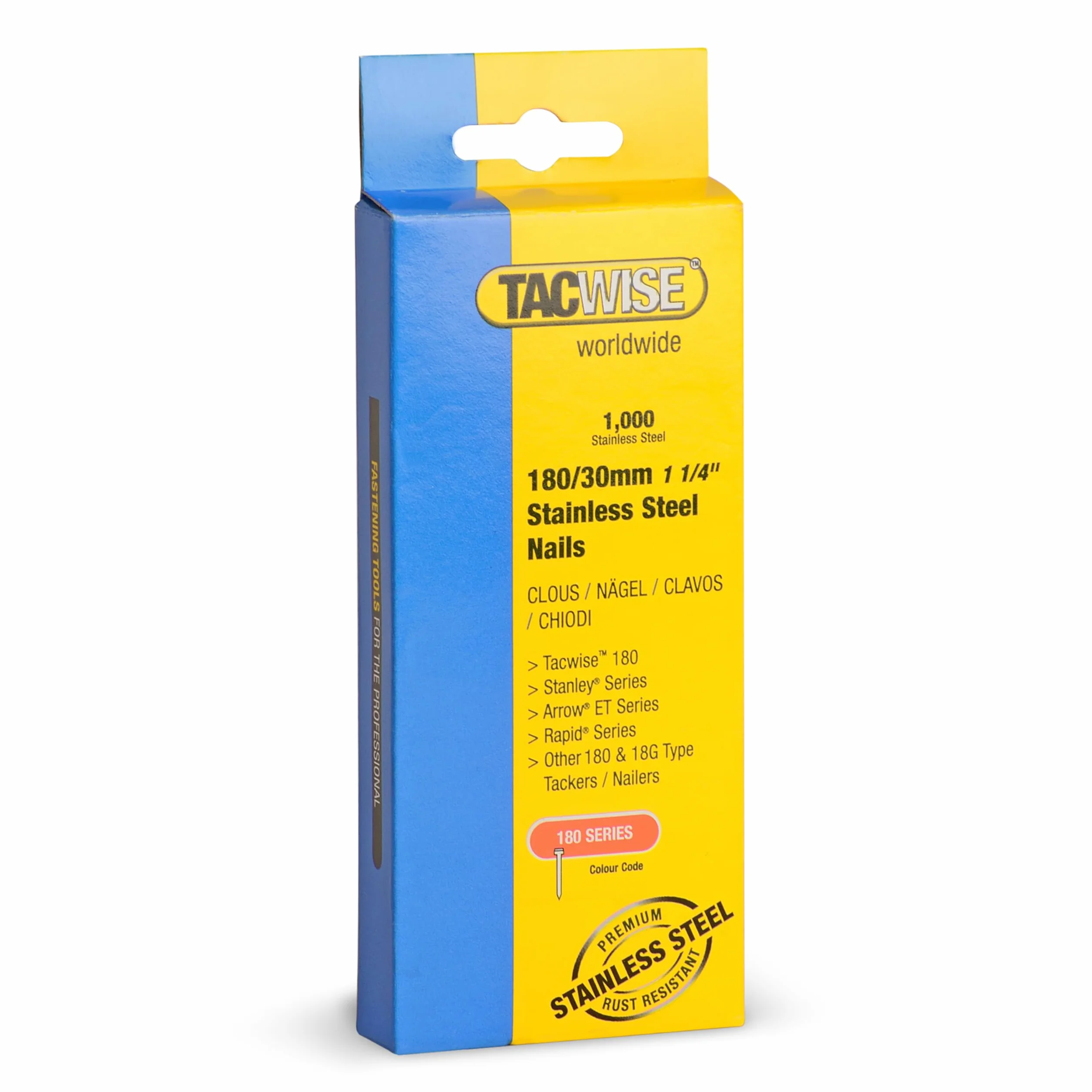Tacwise 1067 gwoździe do warkocza typu 180/30 mm, stal nierdzewna 18G, opakowanie 1000, srebrne, 30 mm