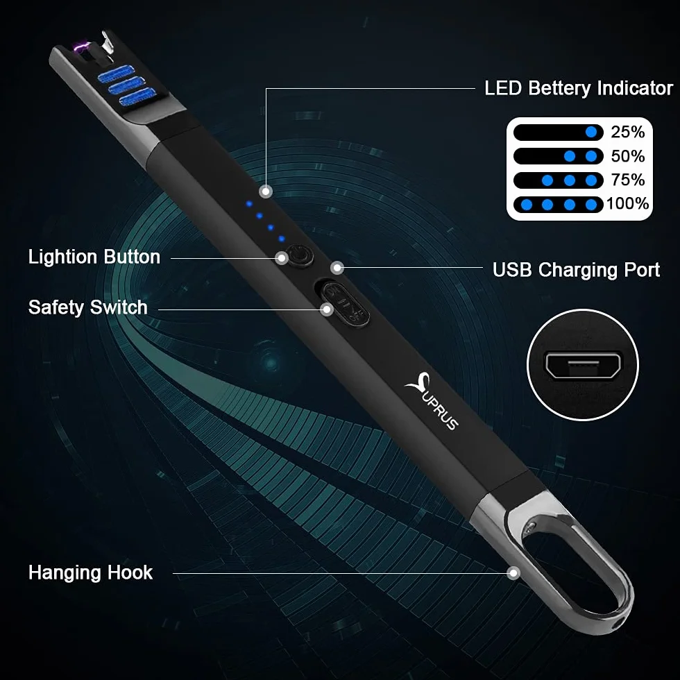 SUPRUS Zapalniczka do świec elektryczna, z łukiem świetlnym, wiatroszczelna, bezpłomieniowa, do ponownego ładowania przez USB z oświetleniem LED, na kemping, grillowanie, gotowanie (czarna + złota)