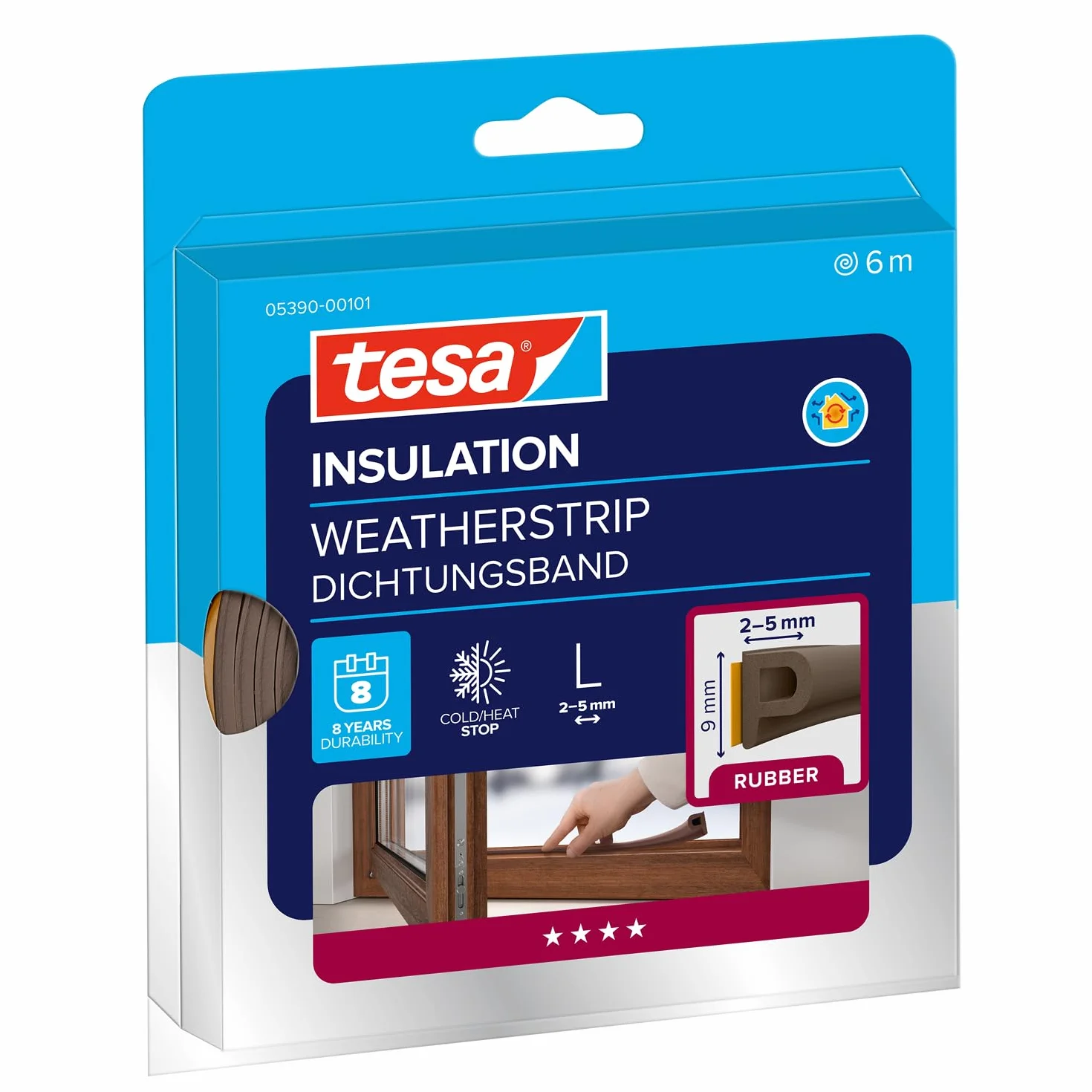 tesa INSULATION L uszczelka gumowa - Samoprzylepna uszczelka do izolacji szczelin w oknach i drzwiach - Brązowa - 6 m x 9 mm x 5,5 mm