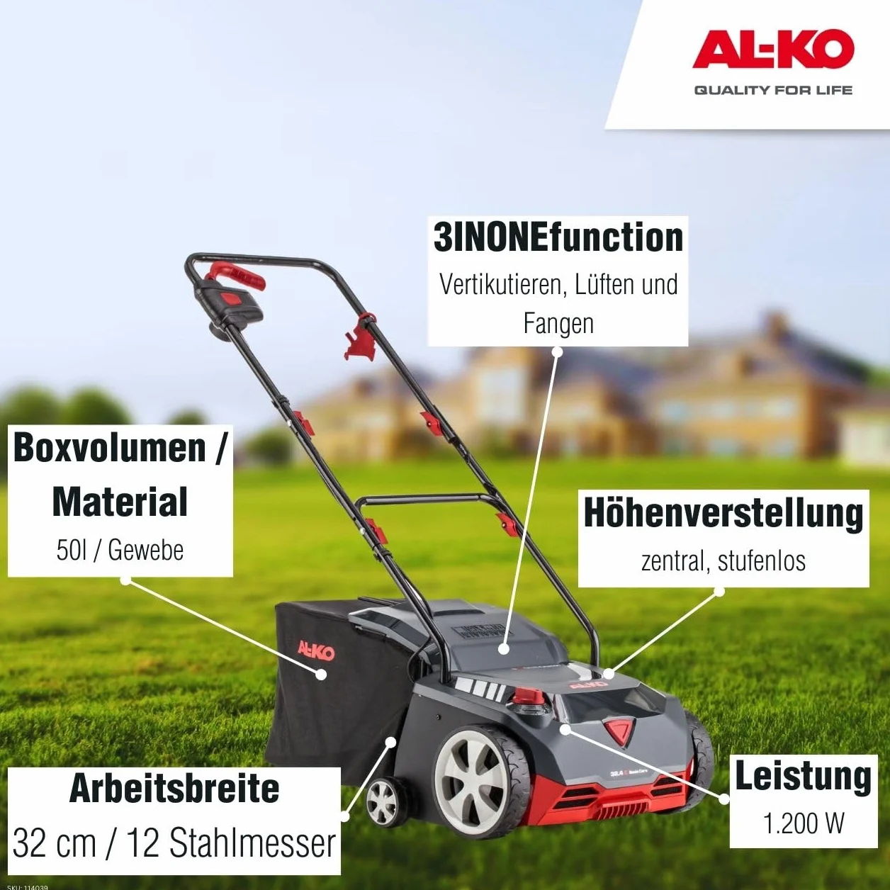 AL-KO Elektryczny wertykulator Basic Care 32.4 E, moc silnika 1200 W, szerokość robocza 32 cm, nadaje się do powierzchni roboczych do 400 m²