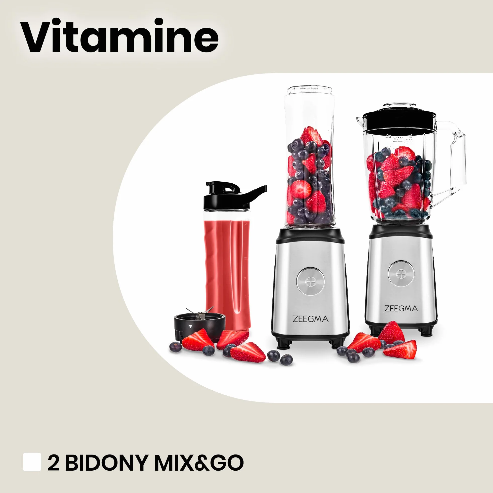 ZEEGMA Vitamine blender 4w1, mikser, młynek do kawy, silnik 1050W, dewa zestawy noży, duży kielich 1l, 2 bidony 600ml, metalowa obudowa, system ThermoFuse, tryb pulsacyjny, BPA free
