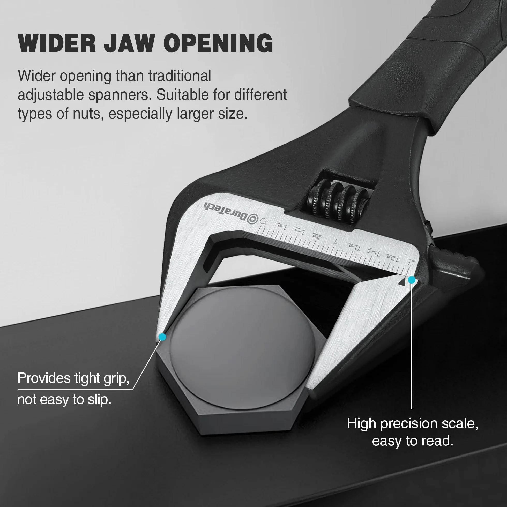 DURATECH Klucz nastawny 250 mm, szeroki szczękowy duży otwór czarne wykończenie tlenkowe klucz do umywalki narzędzie do naprawy ręcznej, stal Cr-V, SAE i waga metryczna, ergonomiczny uchwyt