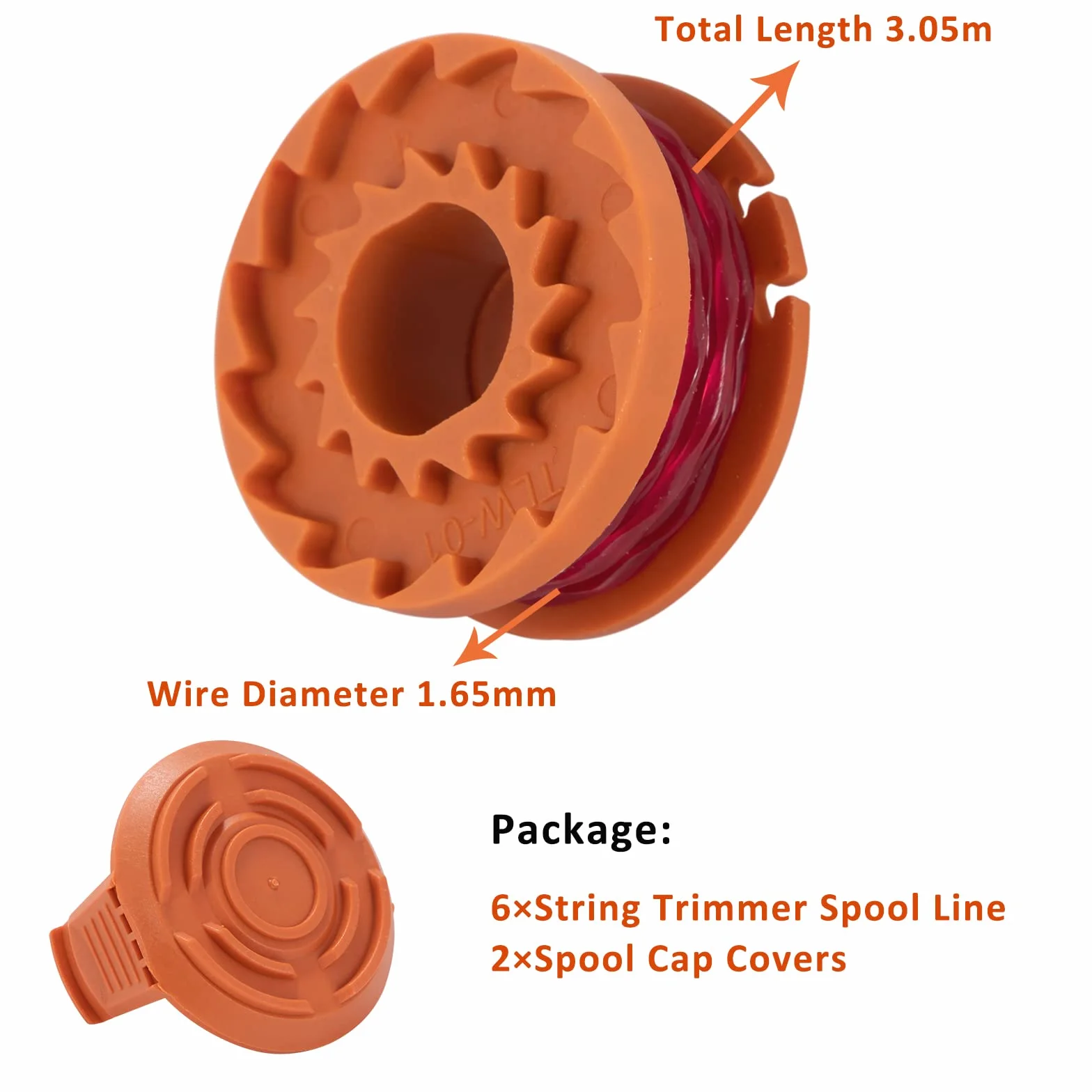 Żyłka zapasowa 1,65 mm, szpula do podkaszarki do trawy, szpula żyłki 3,05 m, kompatybilna z Worx WA0010, 6 szpul, 2 nasadki