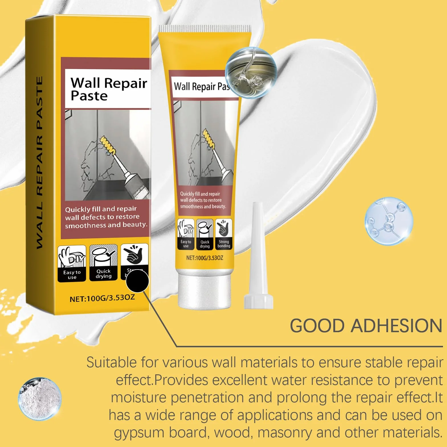 Wall Repair - Wall Crack Repair Paste | 100g Drywall Hole Crack Fix Filler, Quick-Dry Formula with Clean finish, Walls Mending Cream for Ceilings, Corners Damage