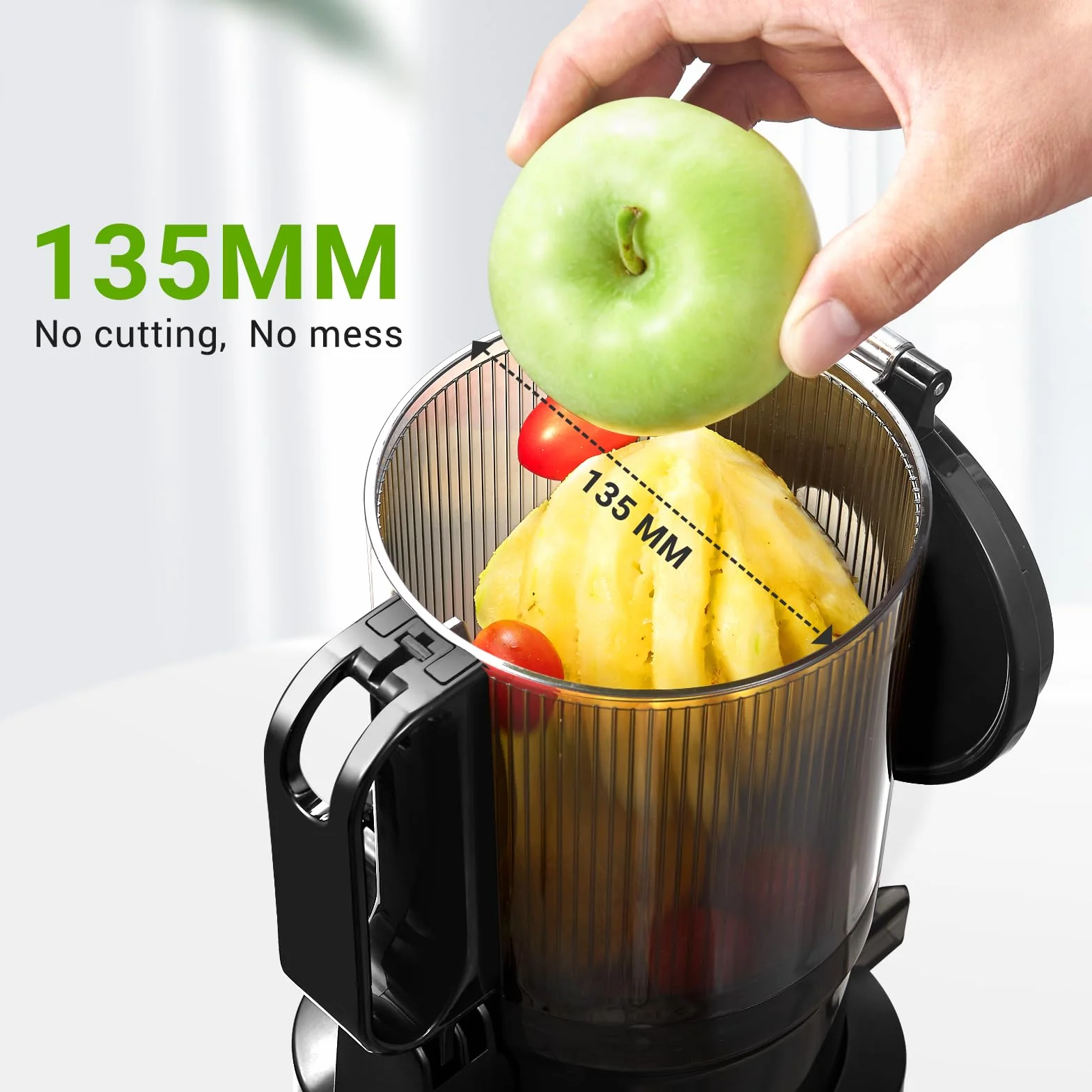 AMZCHEF Automatyczna sokowirówka All-in-One, otwór 135 mm i 1,8 l sokowirówka do warzyw i owoców, 250 W, zwycięzca testu z potrójnym filtrem, kolor czarny