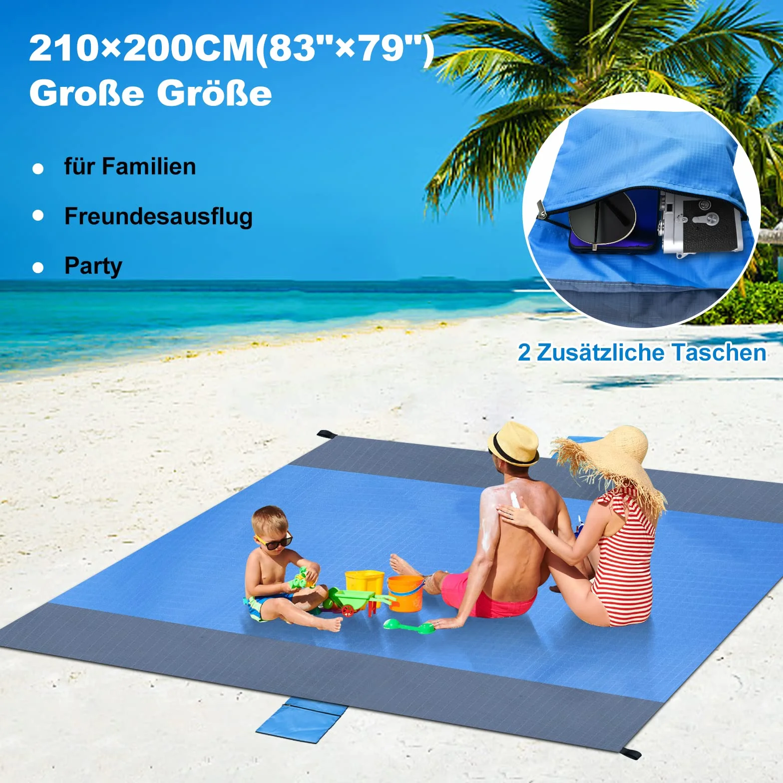 Dijia Koc plażowy bez piasku – 210 x 200 cm, mata plażowa, koc piknikowy, koc kempingowy z 2 kieszeniami na zamek błyskawiczny, przenośny, kompaktowy, na plażę, kemping, wędrówki, z torbą do