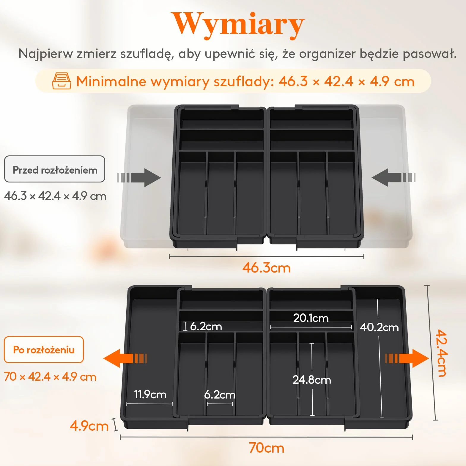 Lifewhite Duża Szuflada na Sztućce, Szerokość od 46 do 70 cm, Regulowana Szuflada na Sztućce do Szuflady, Głębokość 42,4 cm, Wyjmowany Układ szuflady, Plastikowy Uchwyt na Widelce/Noże, Czarny