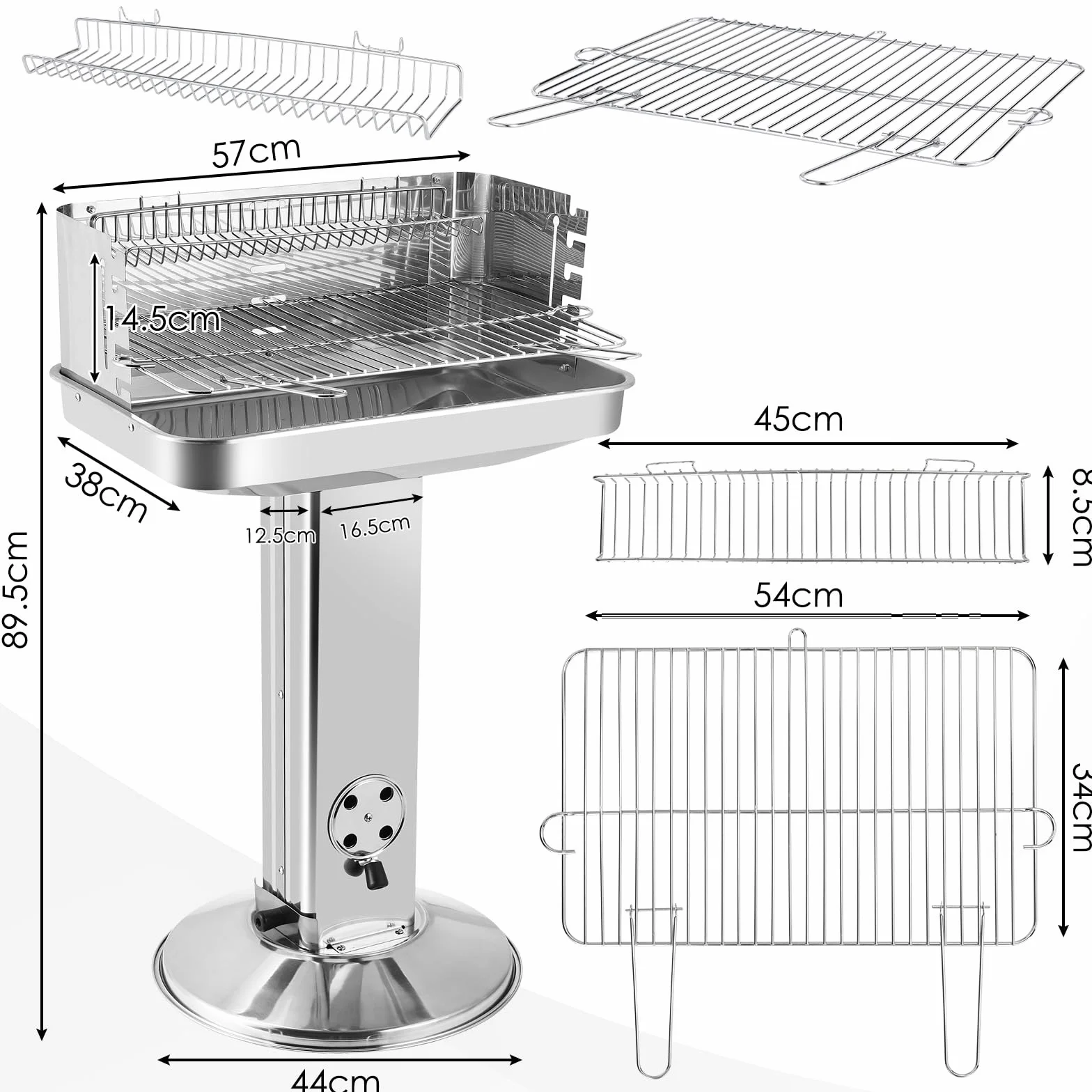 TLGREEN Grill na węgiel drzewny, stal nierdzewna, 57 x 38 x 90 cm, wysokiej jakości grill ze stali nierdzewnej z 5-stopniową regulacją wysokości, chromowanym rusztem do grillowania, pojemnikiem na