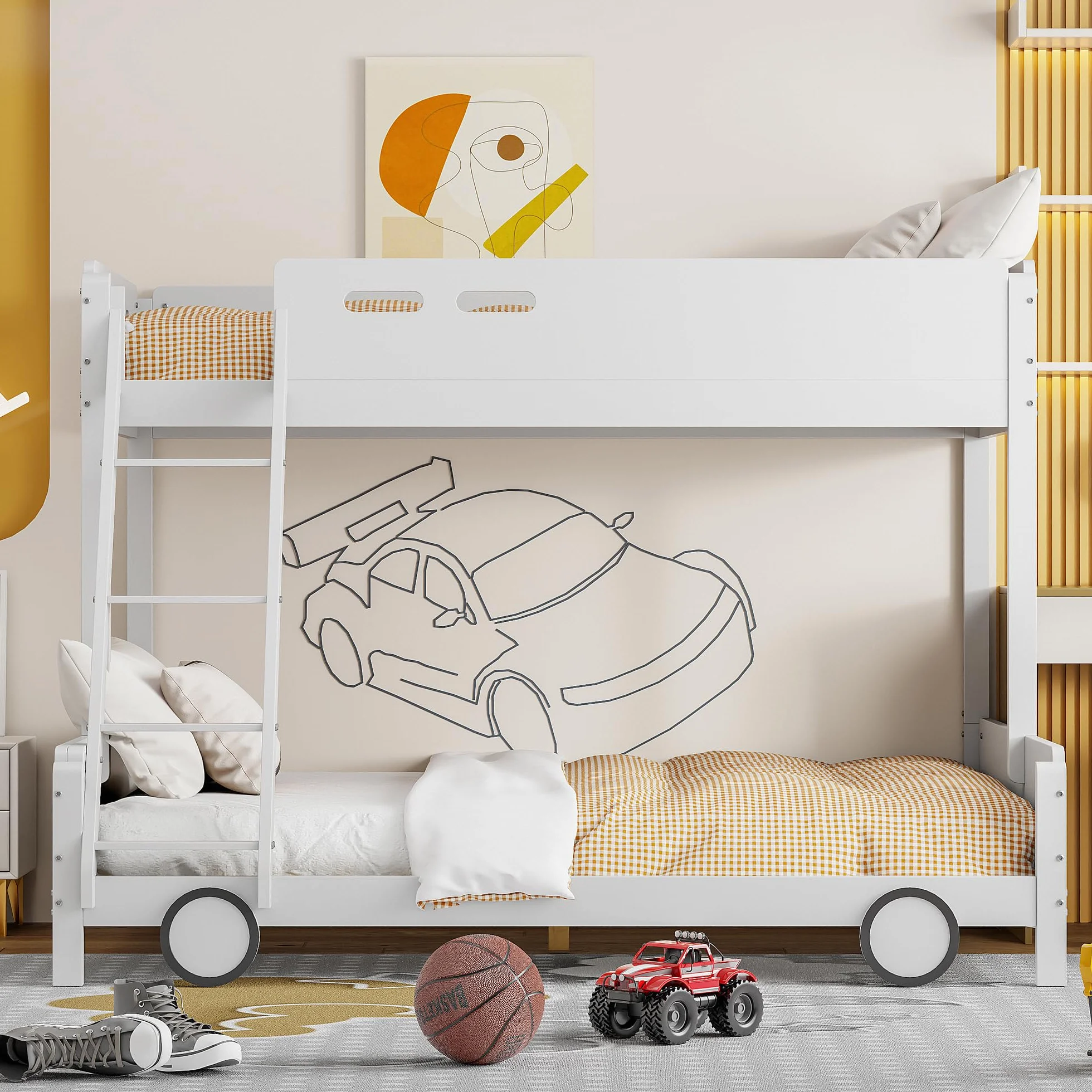 Dziecięce łóżko piętrowe w kształcie samochodu z litego drewna – u góry 90 x 200 cm, na dole 140 x 200 cm – łóżko rodzinne dla rodzeństwa – kratka bezpieczeństwa, kolor biały – obciążenie do 140 kg
