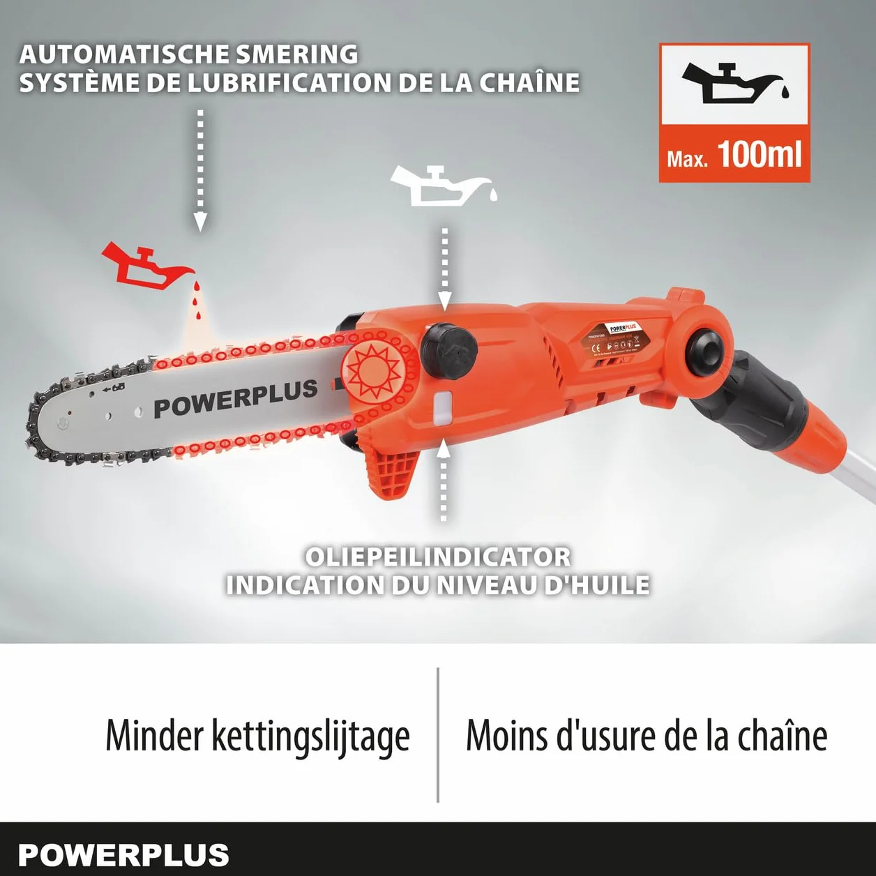 Powerplus Dual Power POWDPG75385 Akumulator kettingzaag - 40V - Zwaardlengte 300mm - Telescopisch - Automatyczny kettingsmering - Wył. accu en lader - w zestawie. 1x ketting w 1x zwaard