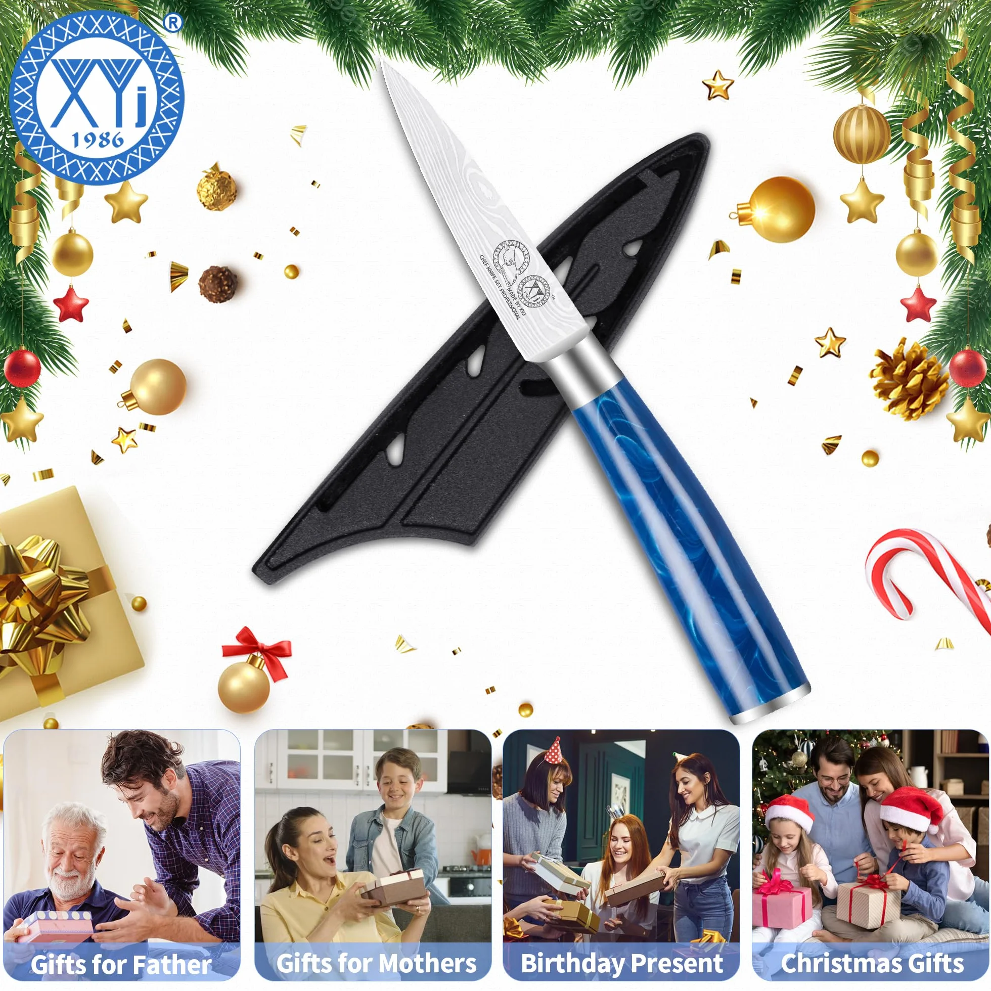 XYJ Paring Knife With Sheath,Stainless Steel 3.5 Inch Small Kitchen Knife,Razor-Sharp Fruit Vegetable Peeler Knife Ergonomic Handle,Kitchen Outdoor Camping BBQ