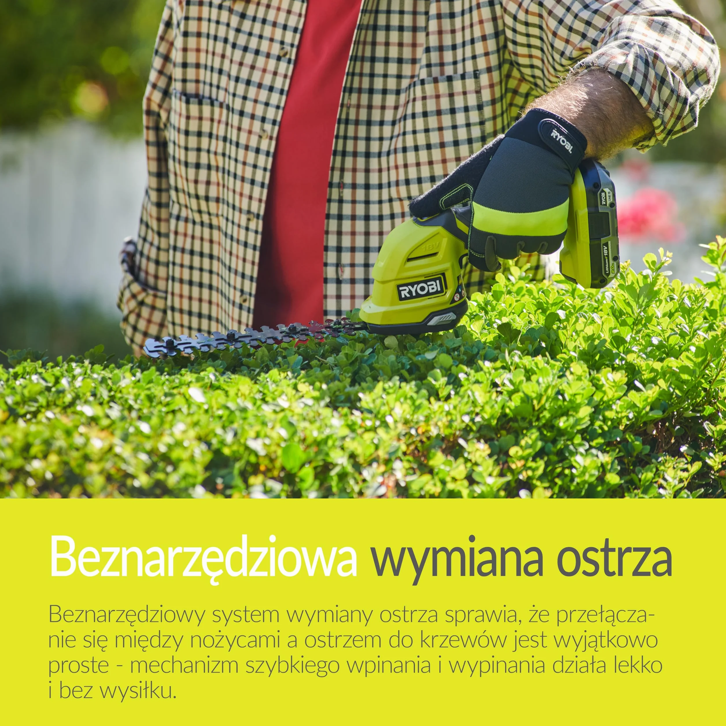 Ryobi Nożyce do Żywopłotu i Trawy 18V, RY18GSA-0, Kompaktowe Nożyce, 2w1, Ostrze do Krzewów 20 cm, Ostrze do Trawy 10 cm, Beznarzędziowa Wymiana Ostrzy, Wersja bez Akumulatora i Ładowarki