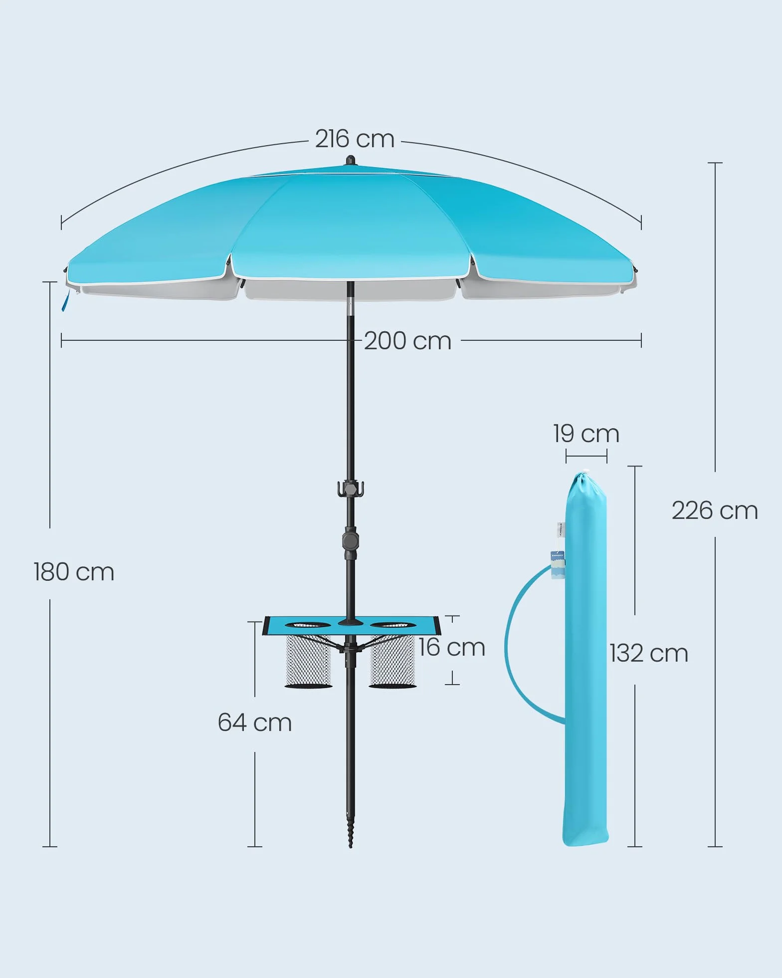 SONGMICS Parasol 200 cm, parasol plażowy, ochrona przeciwsłoneczna UPF 50+, składany do 30° z obu stron, regulowana wysokość, miejsce do przechowywania, na plażę, bez stojaka, niebieski GPU0082Q01