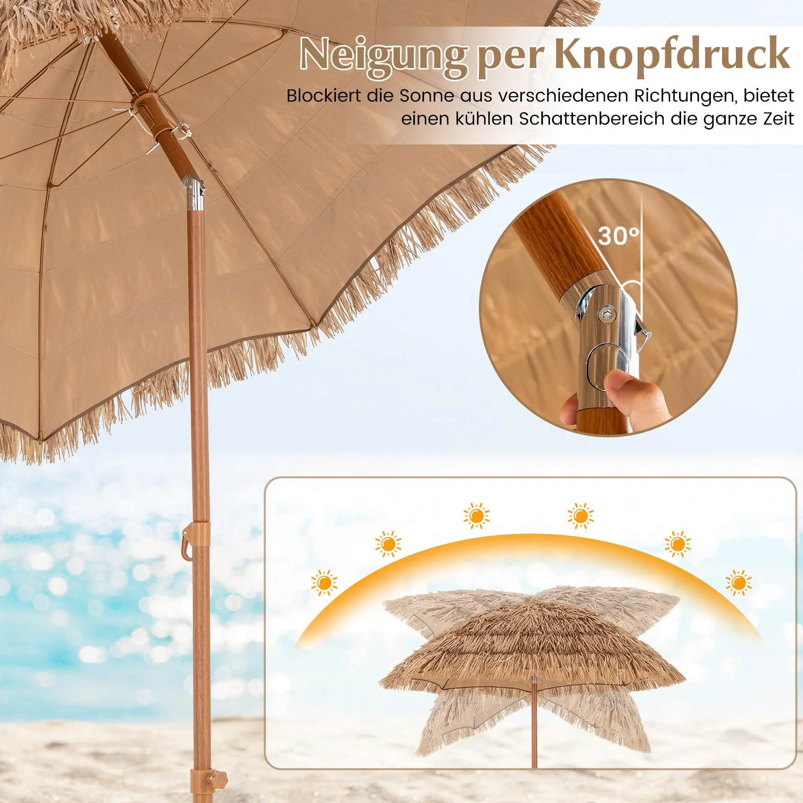COSTWAY Hawajski parasol przeciwsłoneczny, słomkowy ze składanym stojakiem, parasol plażowy, możliwość przechylania słomy, parasol ogrodowy, parasol na taras, z torbą do przenoszenia, do ogrodu, na