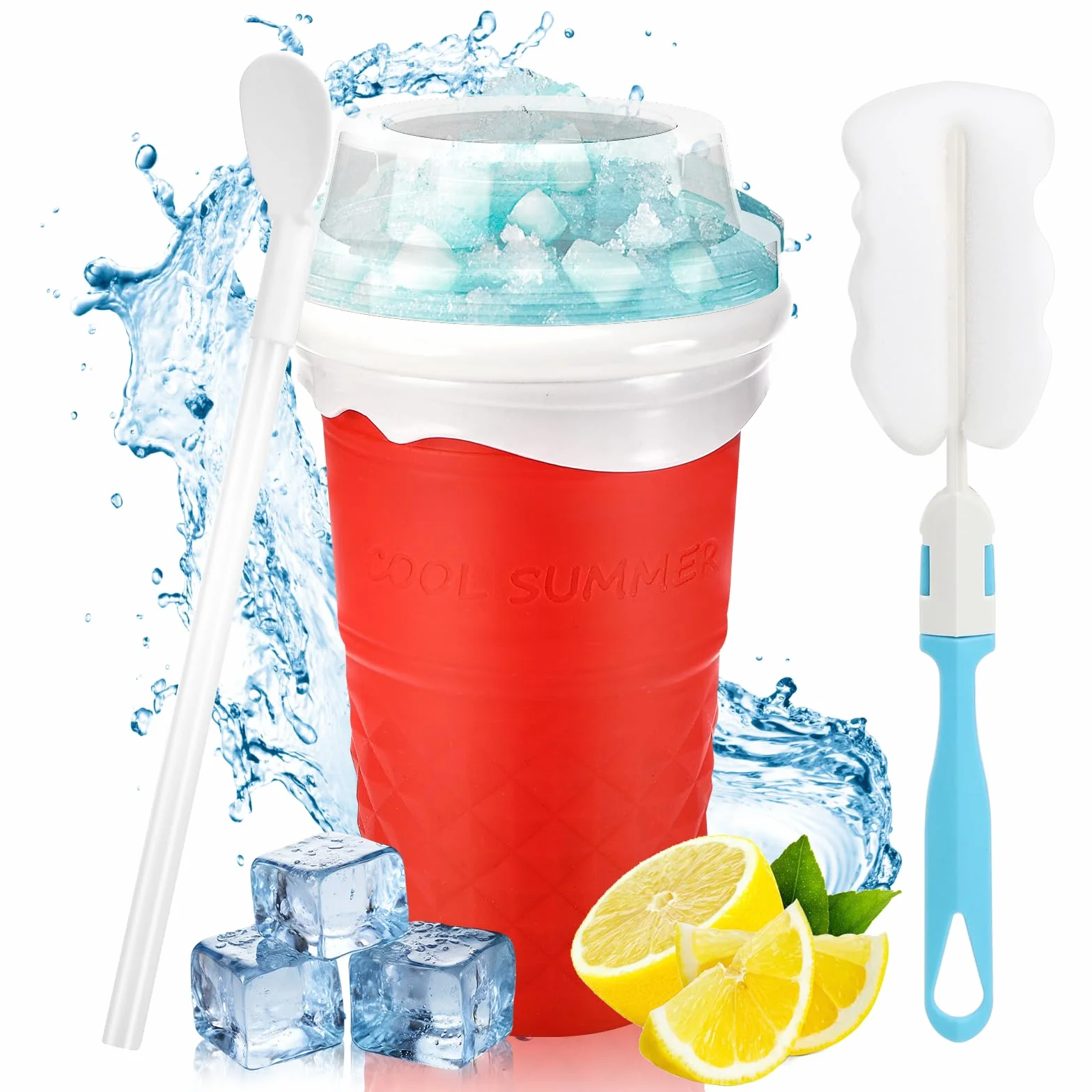 Silikonowy kubek Slushy Maker, Slush Cup z łyżką ze słomką do coli lub soku (różowy)