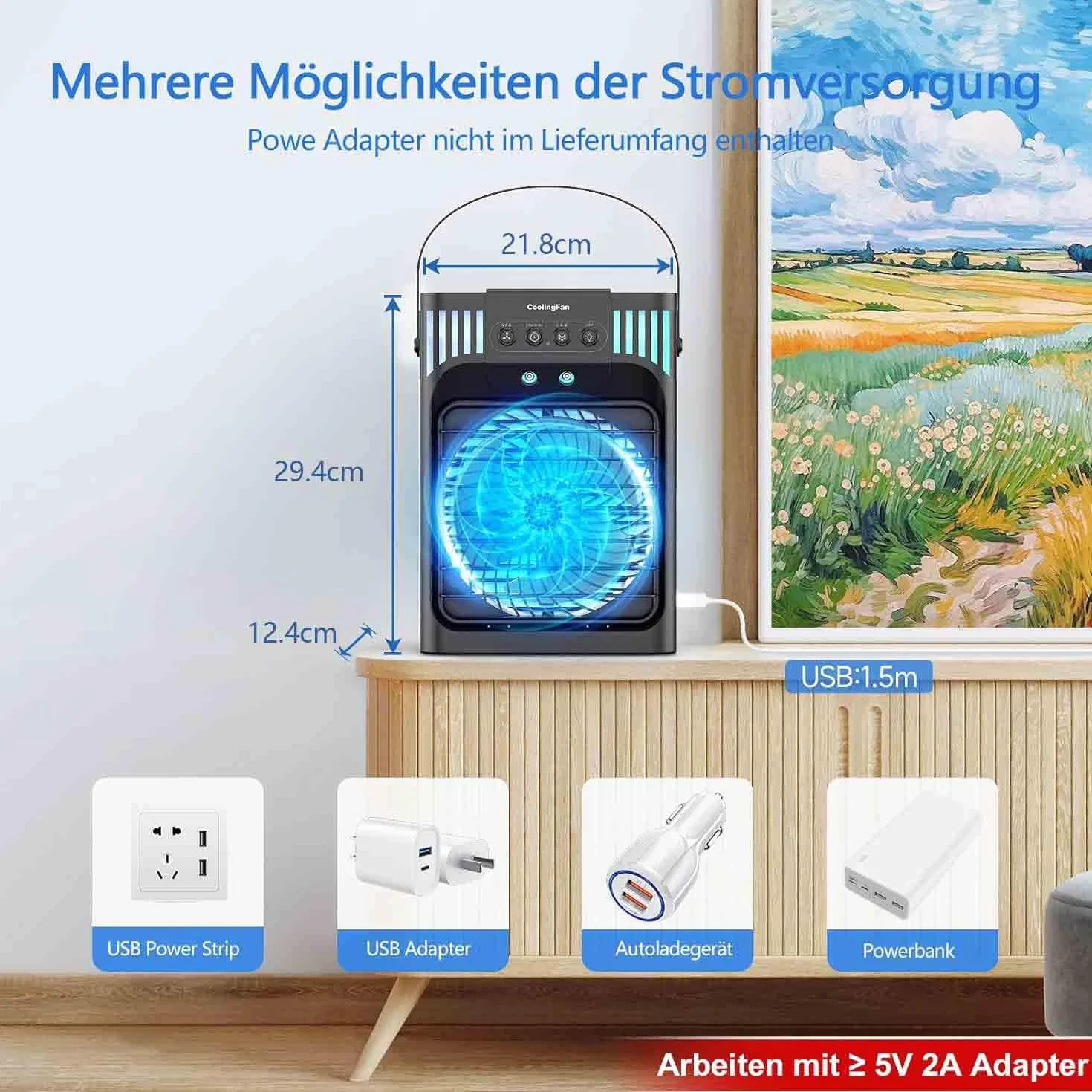 Mobilny klimatyzator 1200 ml z pilotem 3 prędkości 3 mgiełki chłodzące timer 2-8 h LED cichy