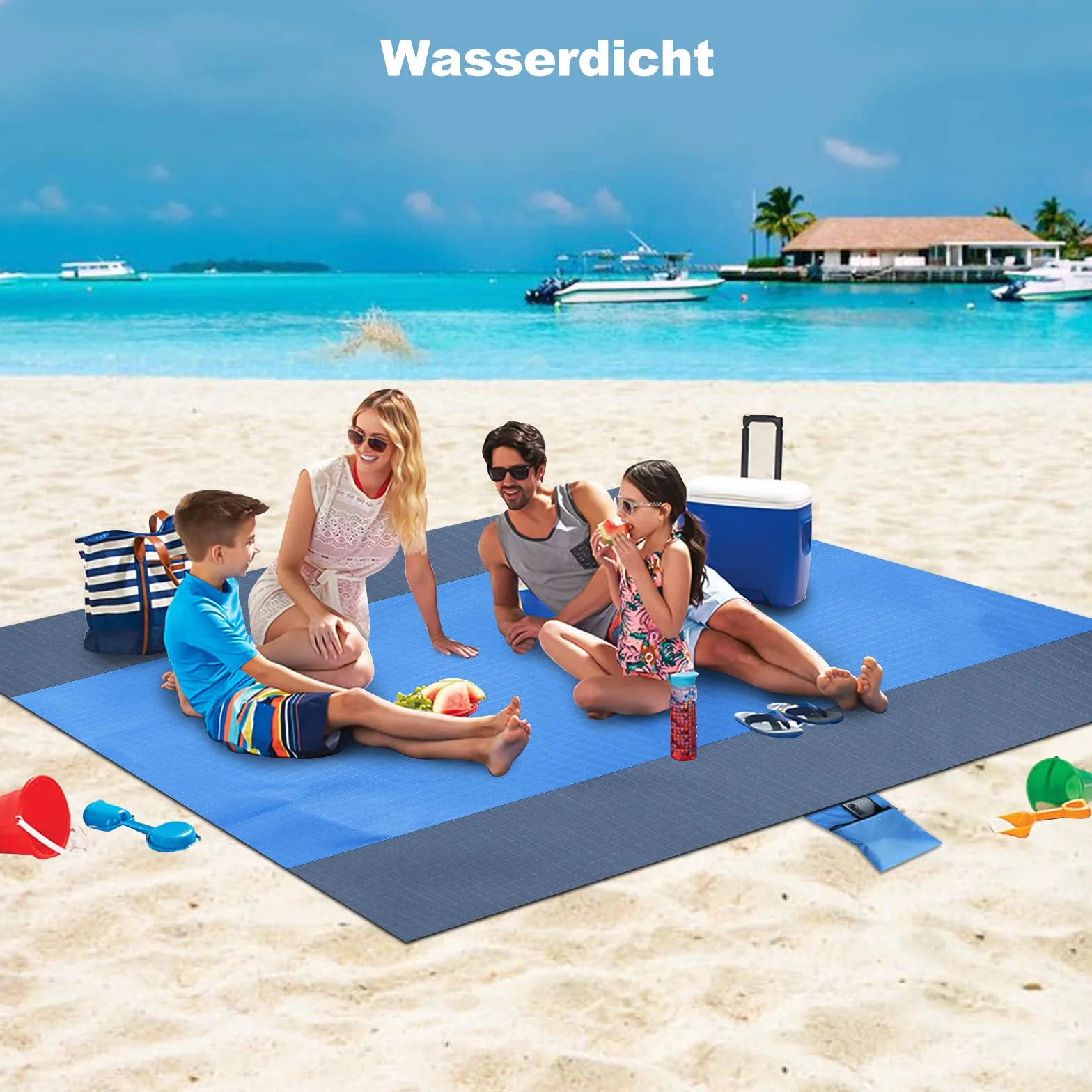 Dijia Koc plażowy bez piasku – 210 x 200 cm, mata plażowa, koc piknikowy, koc kempingowy z 2 kieszeniami na zamek błyskawiczny, przenośny, kompaktowy, na plażę, kemping, wędrówki, z torbą do