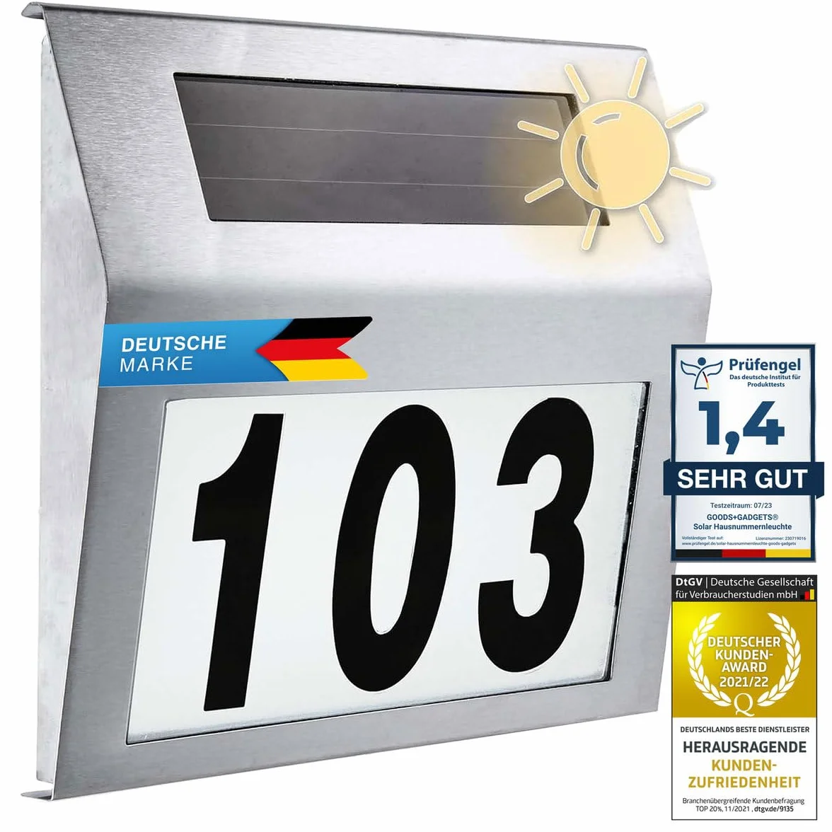Solarny podświetlany numer domu z oświetleniem LED ze stali nierdzewnej IP44 (standard)