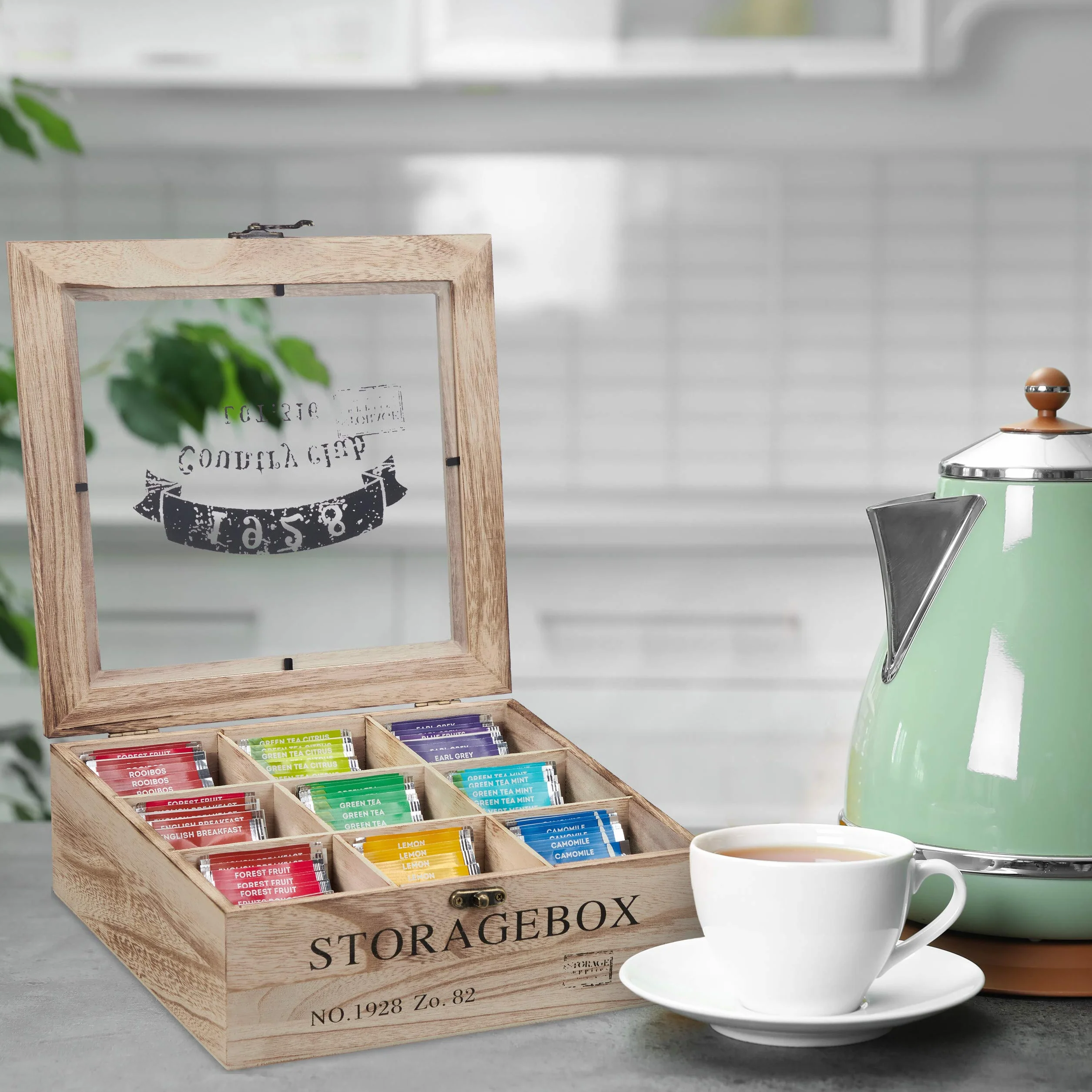 Relaxdays Pudełko na herbatę, 9 przegródek, drewno, skrzynka na herbatę z okienkiem, torebki na herbatę, saszetki z kawą, przyprawy, wys. x gł.: 9 x 24 x 25 cm, kolor naturalny, 1 sztuka