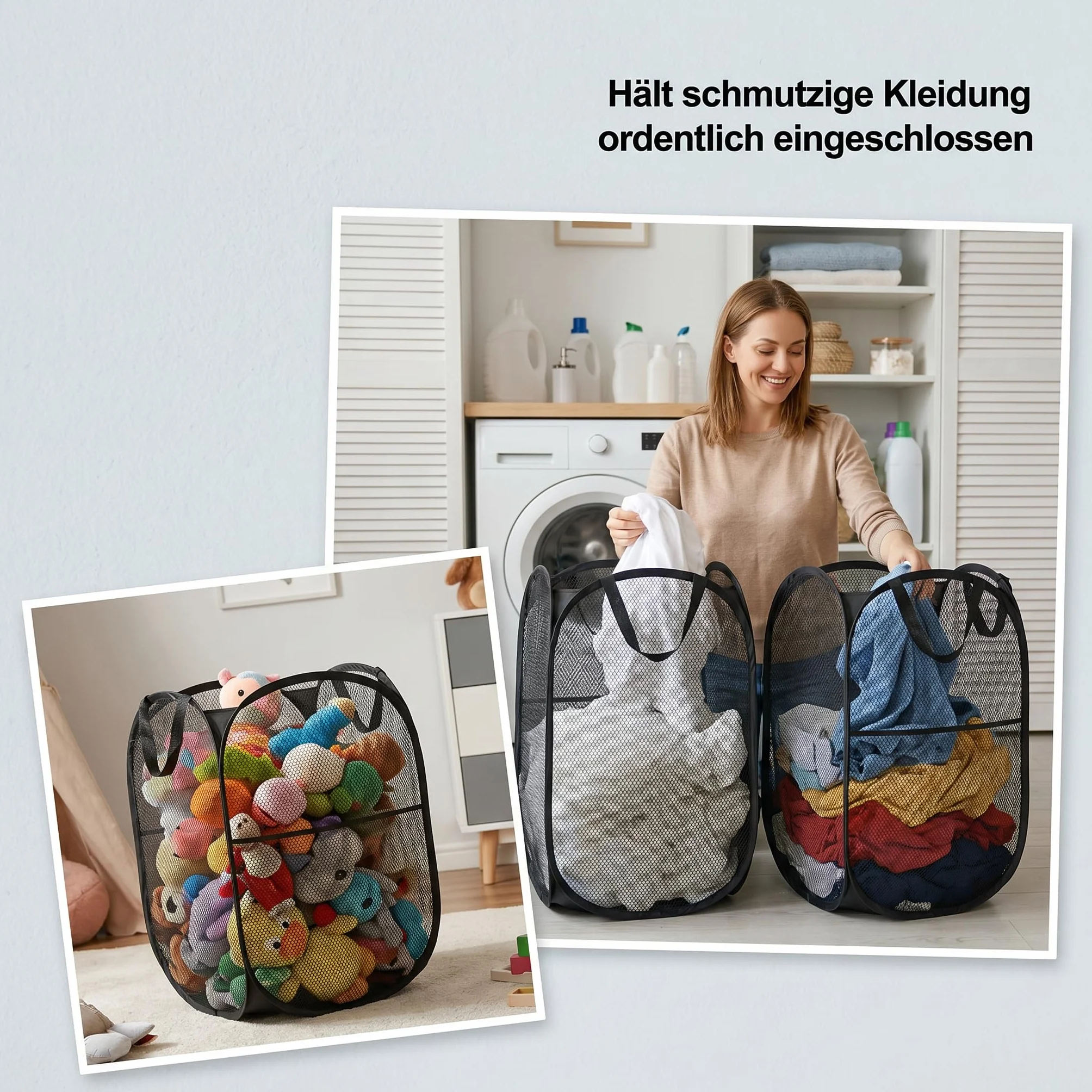 Pop-Up kosze na pranie, czarne, 2 sztuki, składany kosz na pranie 75 l, z uchwytami, 36 x 36 x 58 cm, składany kosz na pranie do łazienki, mieszkania, na podróż i kemping