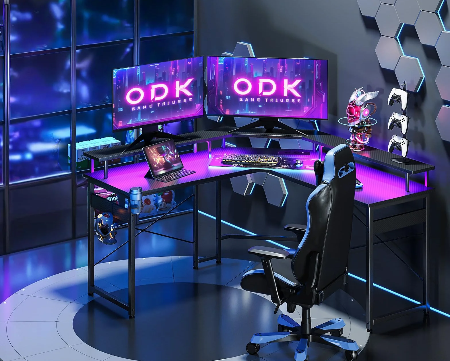 ODK Biurko gamingowy z diodami LED, biurko gamingowe z 2 gniazdami wtykowymi i 2 portami ładowania USB, stolik gamingowy z dużą półką na monitor, czarne włókno węglowe, 129 x 129 cm