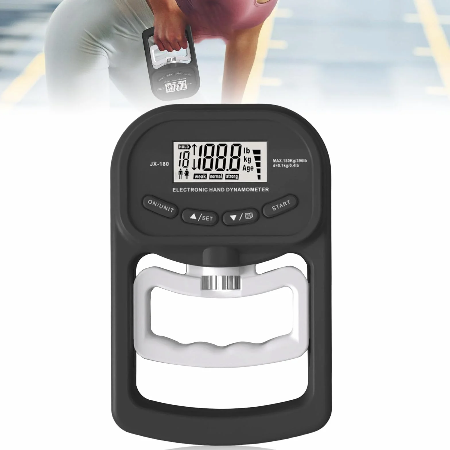 Cyfrowy miernik siły ręcznej: 180 kg, cyfrowy miernik siły chwytu z ekranem LED i kablem USB do ładowania, miernik siły uchwytu, cyfrowy dynamometr ręczny, inteligentny i empatyczny, czarny